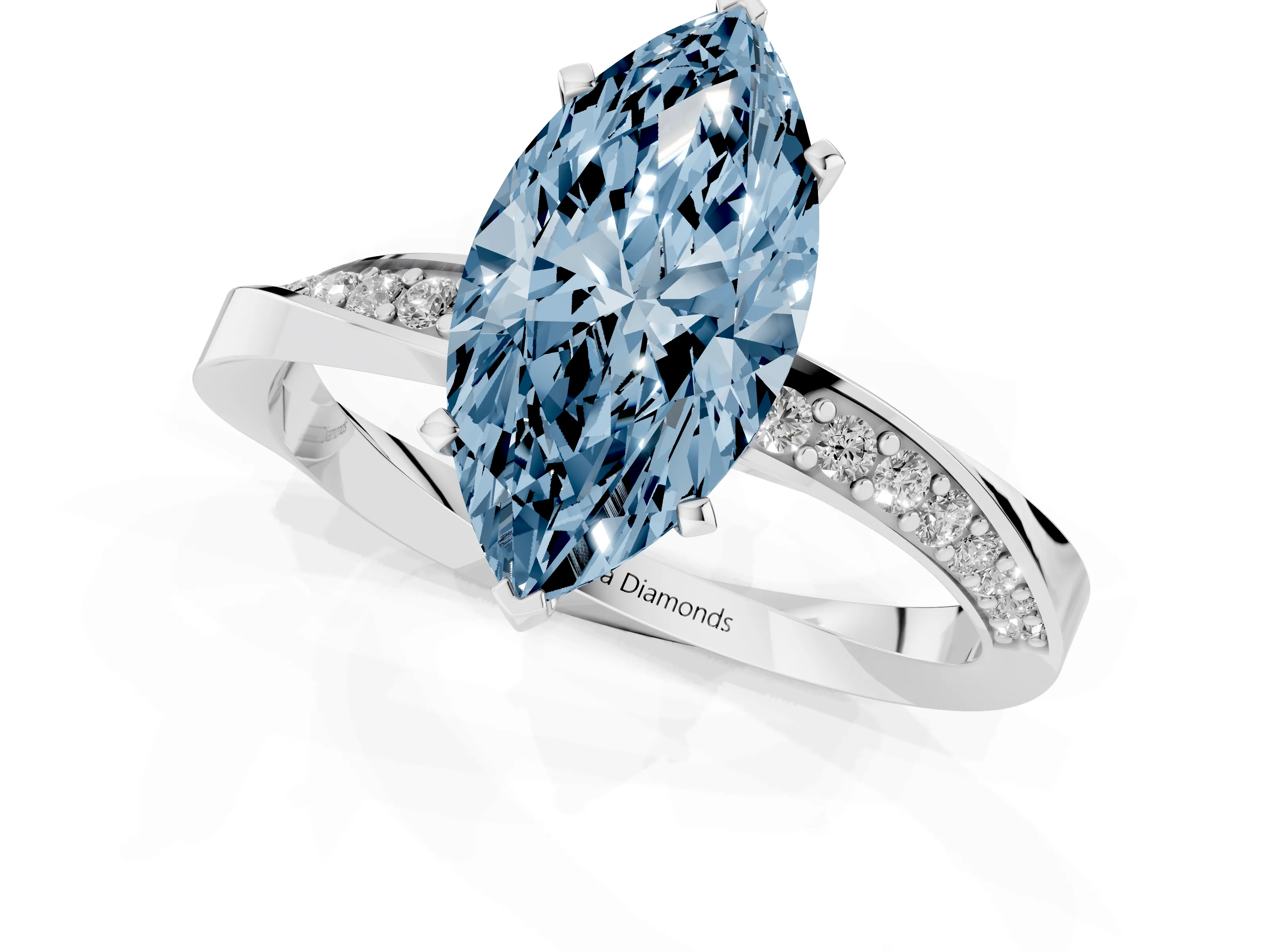 Fancy Blue Marquise Cut Diamond Engagement Ring Set in Platinum with Side Stone Accents and Prong Setting – second view