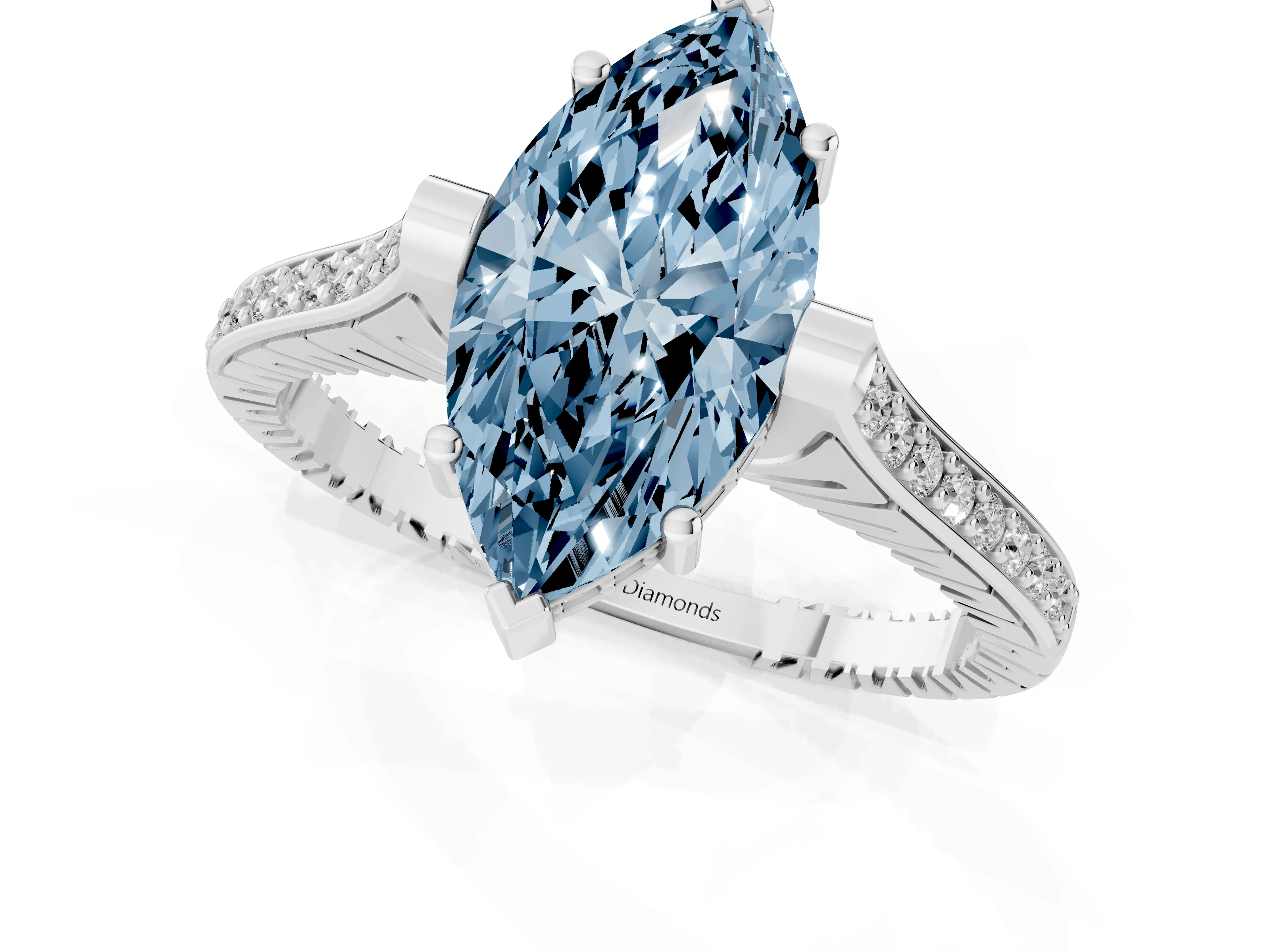 Fancy Blue Marquise Cut Diamond Solitaire Ring Set in Platinum with Channel Set Band and Bezel Prong Setting
