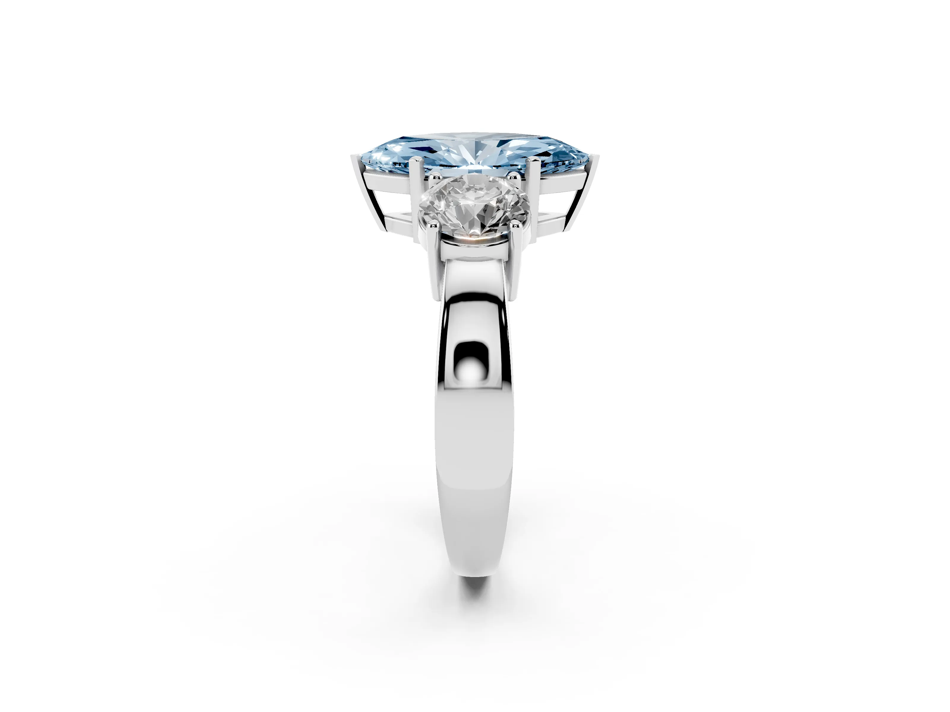 Fancy Blue Marquise Cut Diamond Three-Stone Ring Set in Platinum with Round Side Stones and Classic Band