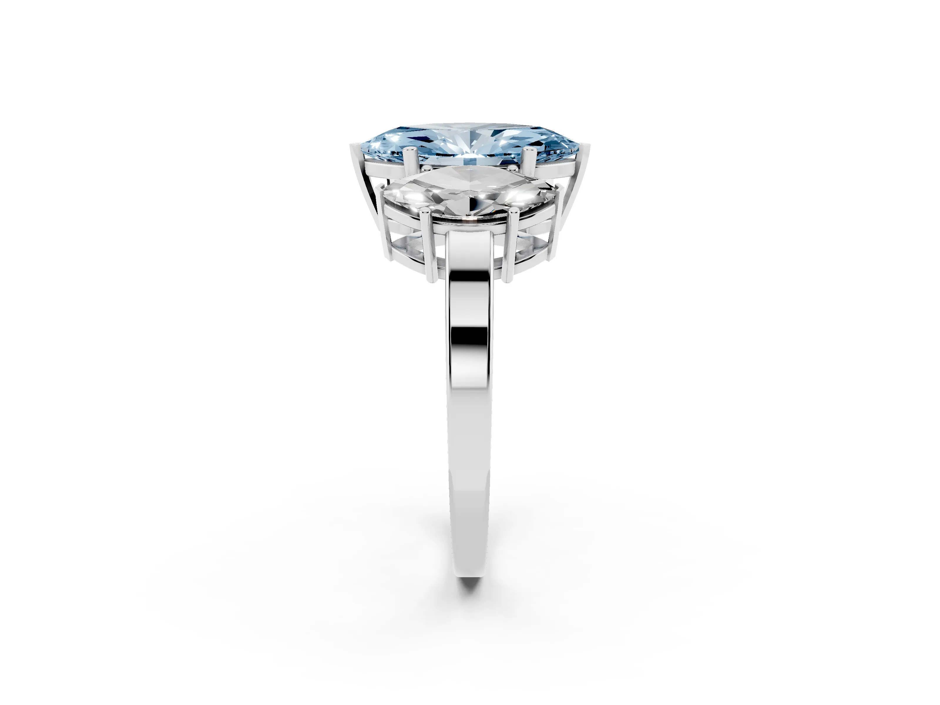 Fancy Blue Marquise Cut Diamond Three-Stone Engagement Ring Set in White gold with Flat Band