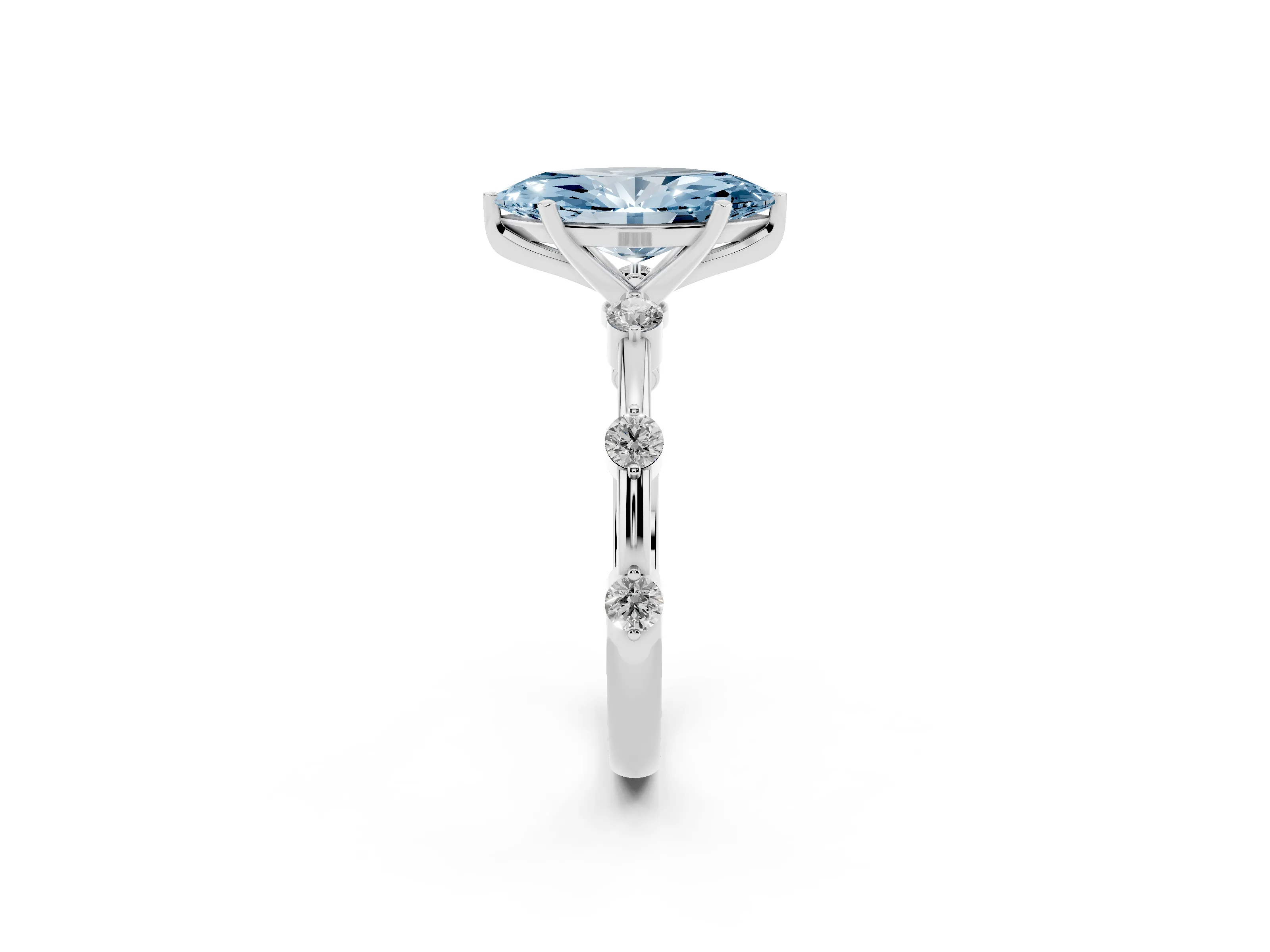 Fancy Blue Marquise Cut Diamond Solitaire Ring Set in White gold with Bezel Set Side Stones and Prong Setting