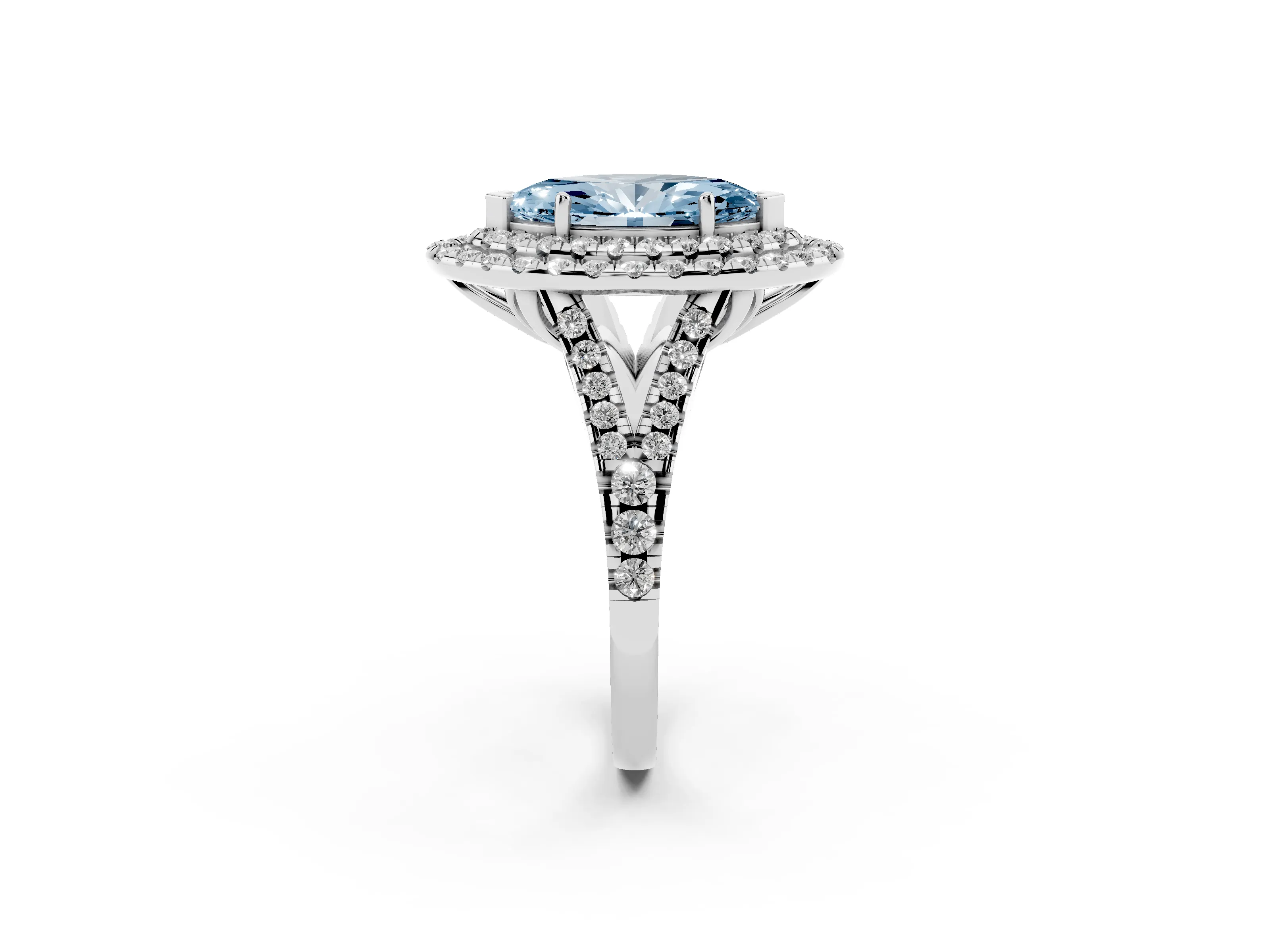 Fancy Blue Marquise Cut Diamond Double Halo Ring Set in Platinum with Pavé Split Shank and Prong Setting