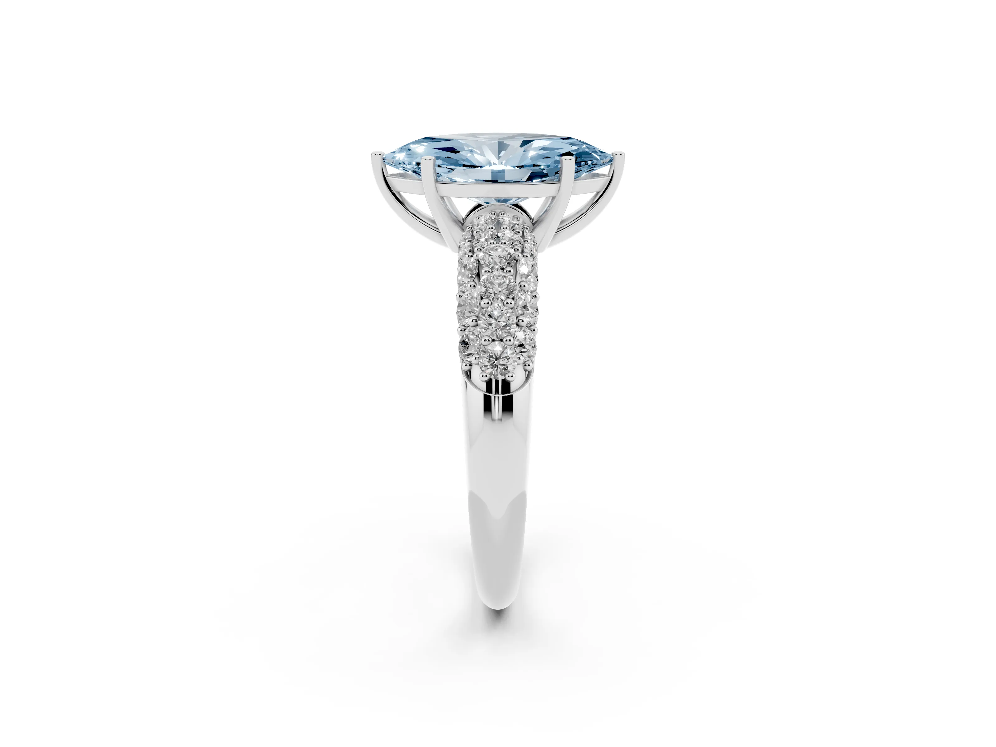 Fancy Blue Marquise Cut Diamond Pavé Band Solitaire Ring Set in White gold with Close-Set Accent Stones and Prong Setting
