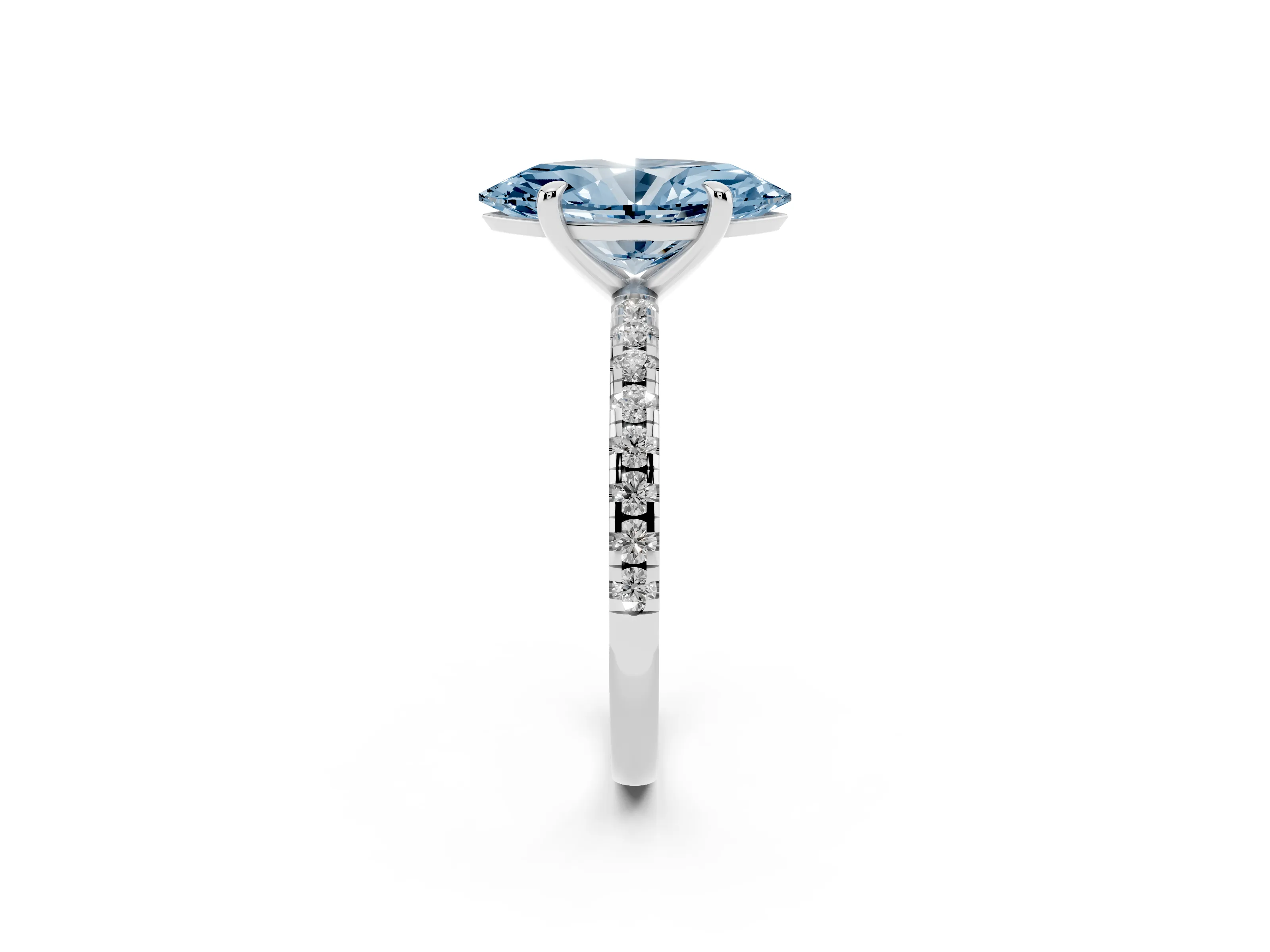 Fancy Blue Marquise Cut Diamond Brilliant Solitaire Ring Set in White gold with Pavé Band and Prong Setting