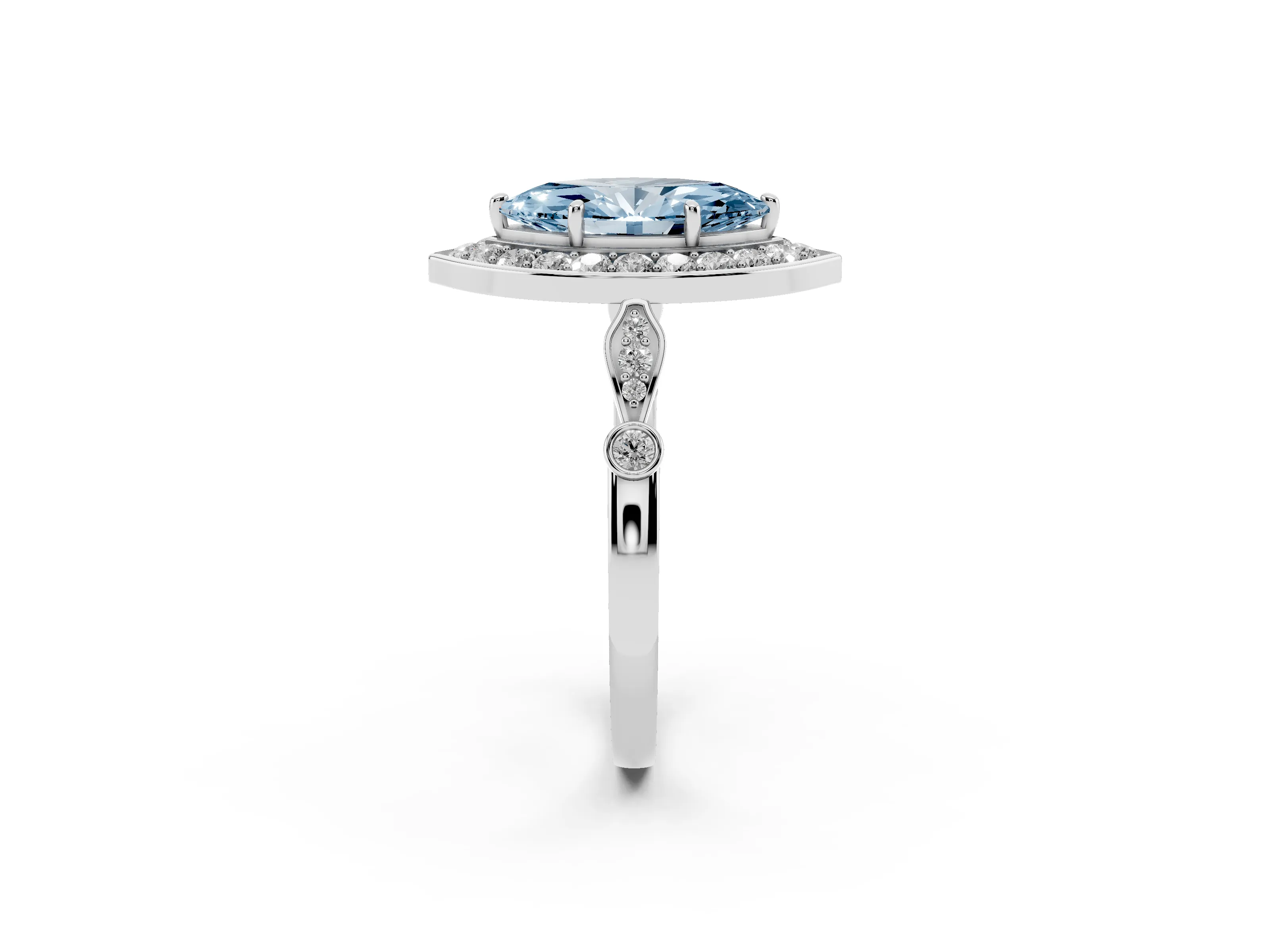 Fancy Blue Marquise Cut Diamond Halo Engagement Ring Set in Silver with Twisted Band and Prong Setting