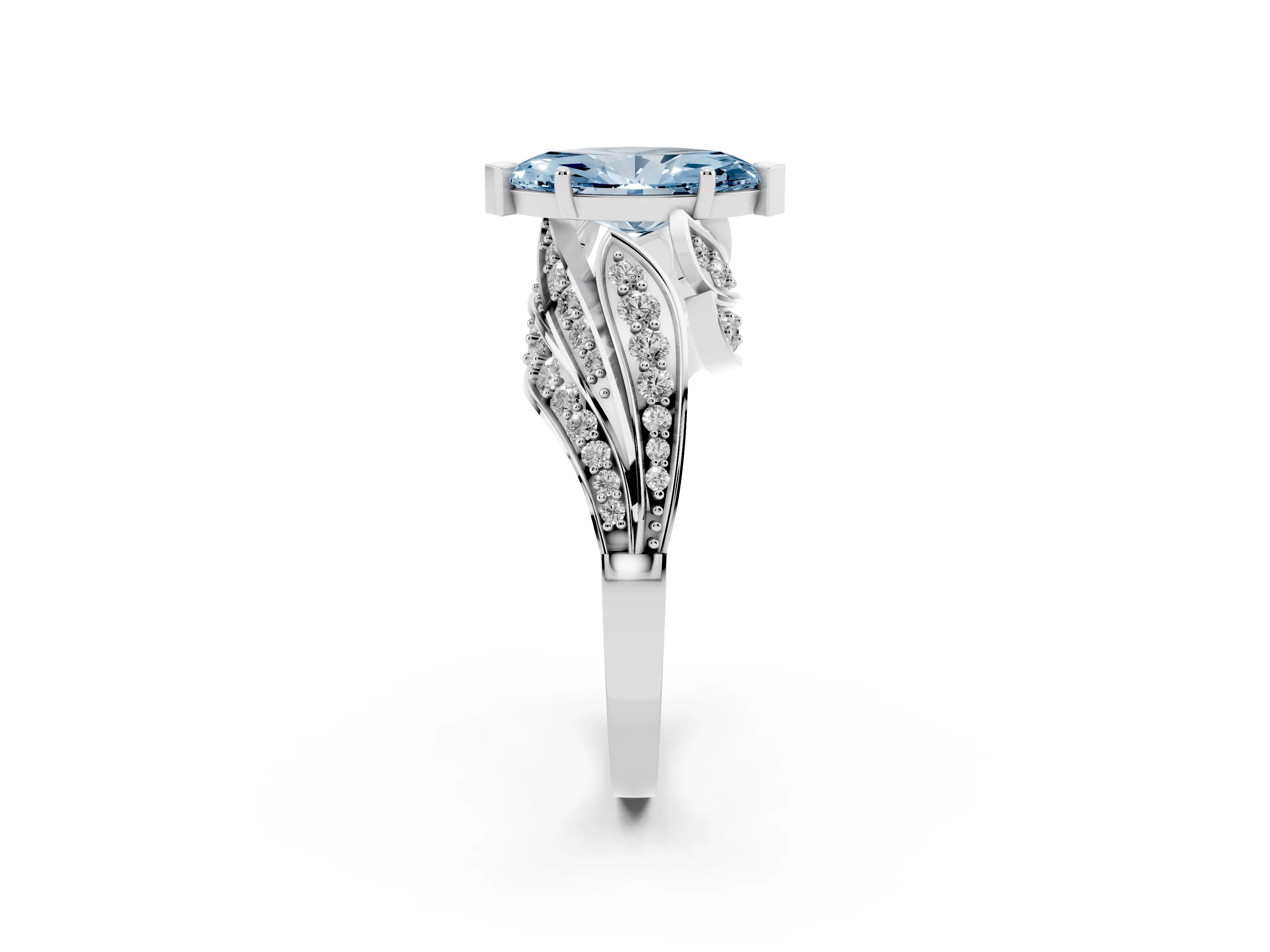 Fancy Blue Marquise Cut Diamond Solitaire Ring Set in Platinum with Layered Twist Pavé Band