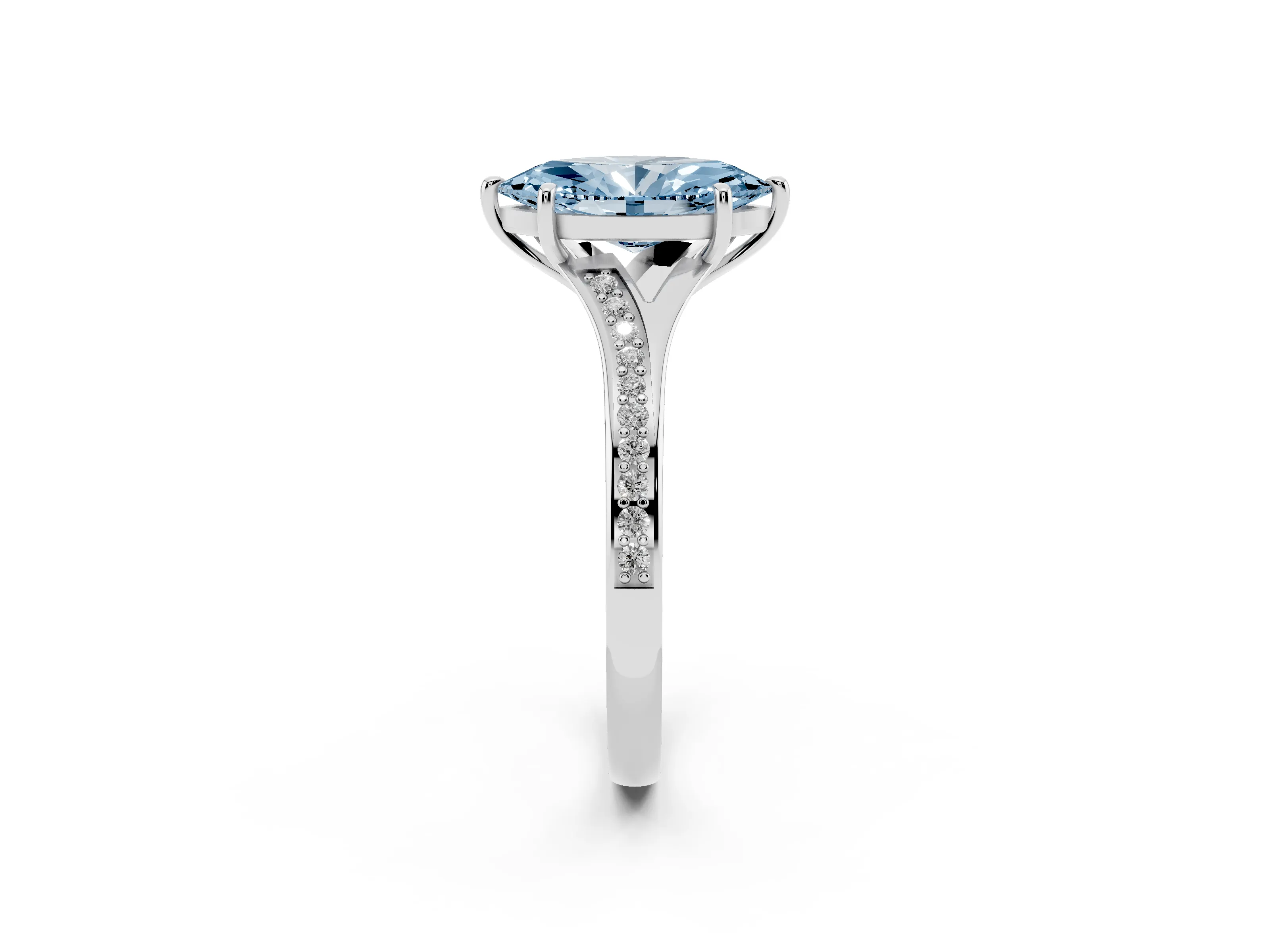 Fancy Blue Marquise Cut Diamond Solitaire Ring Set in Platinum with Pavé Accent Band and Classic Prong Setting