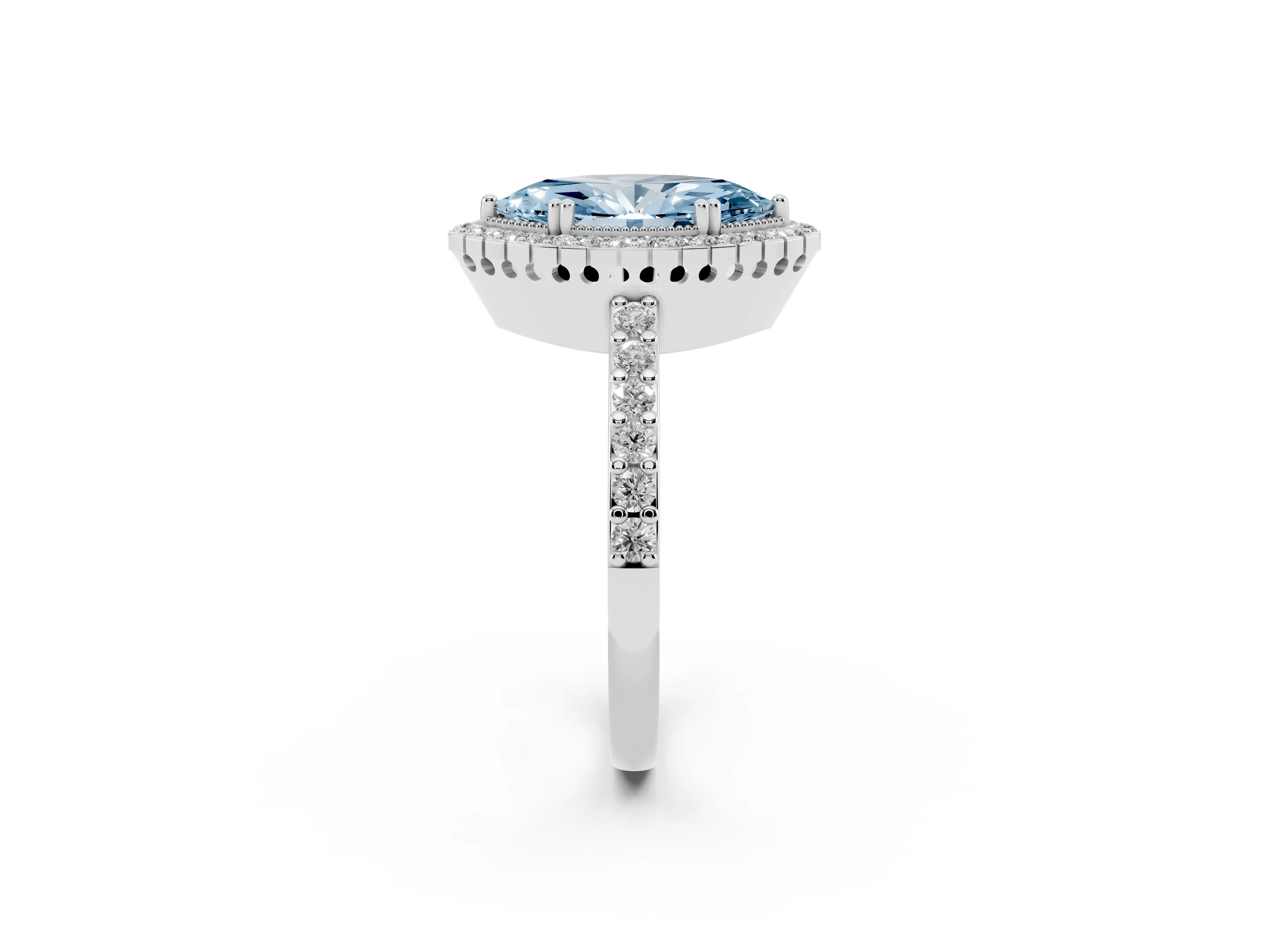 Fancy Blue Marquise Cut Diamond Halo Engagement Ring Set in Platinum with Milgrain Detail and Pavé Band