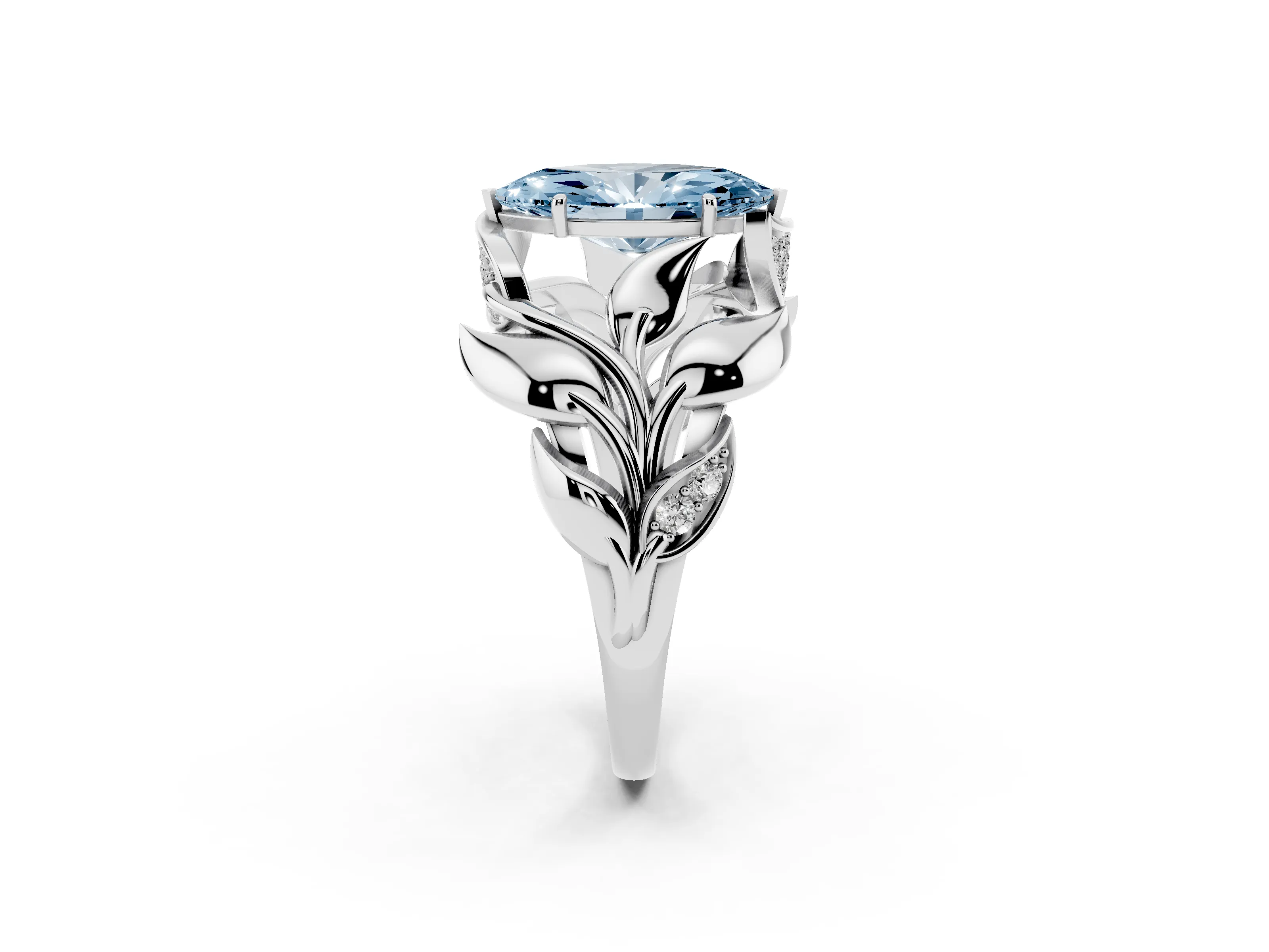 Fancy Blue Marquise Cut Diamond Leaf-Inspired Engagement Ring Set in Platinum with Round Accents