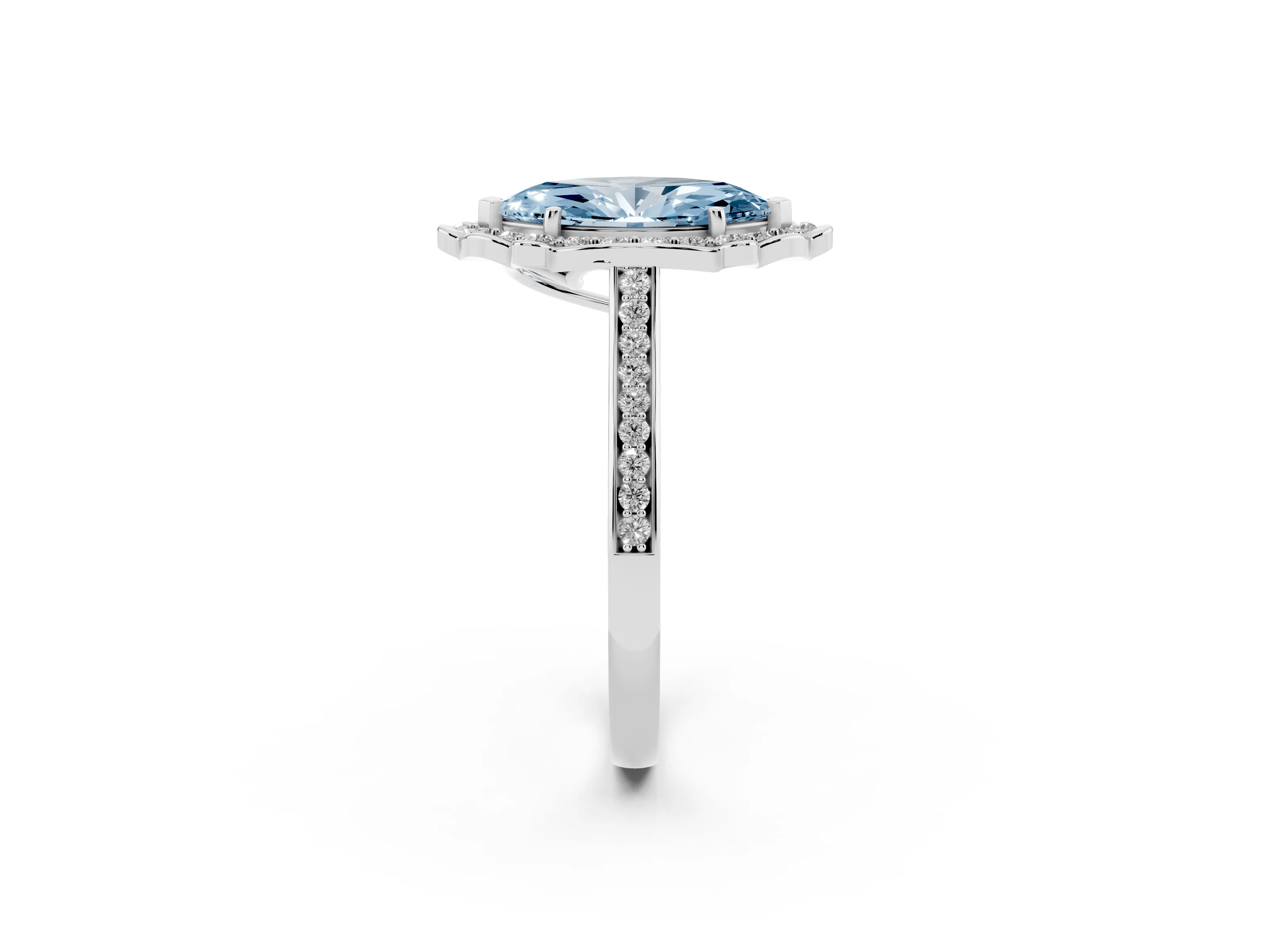 Fancy Blue Marquise Cut Diamond Halo Ring Set in White gold with Pavé-Lined Shoulders and Prong Setting