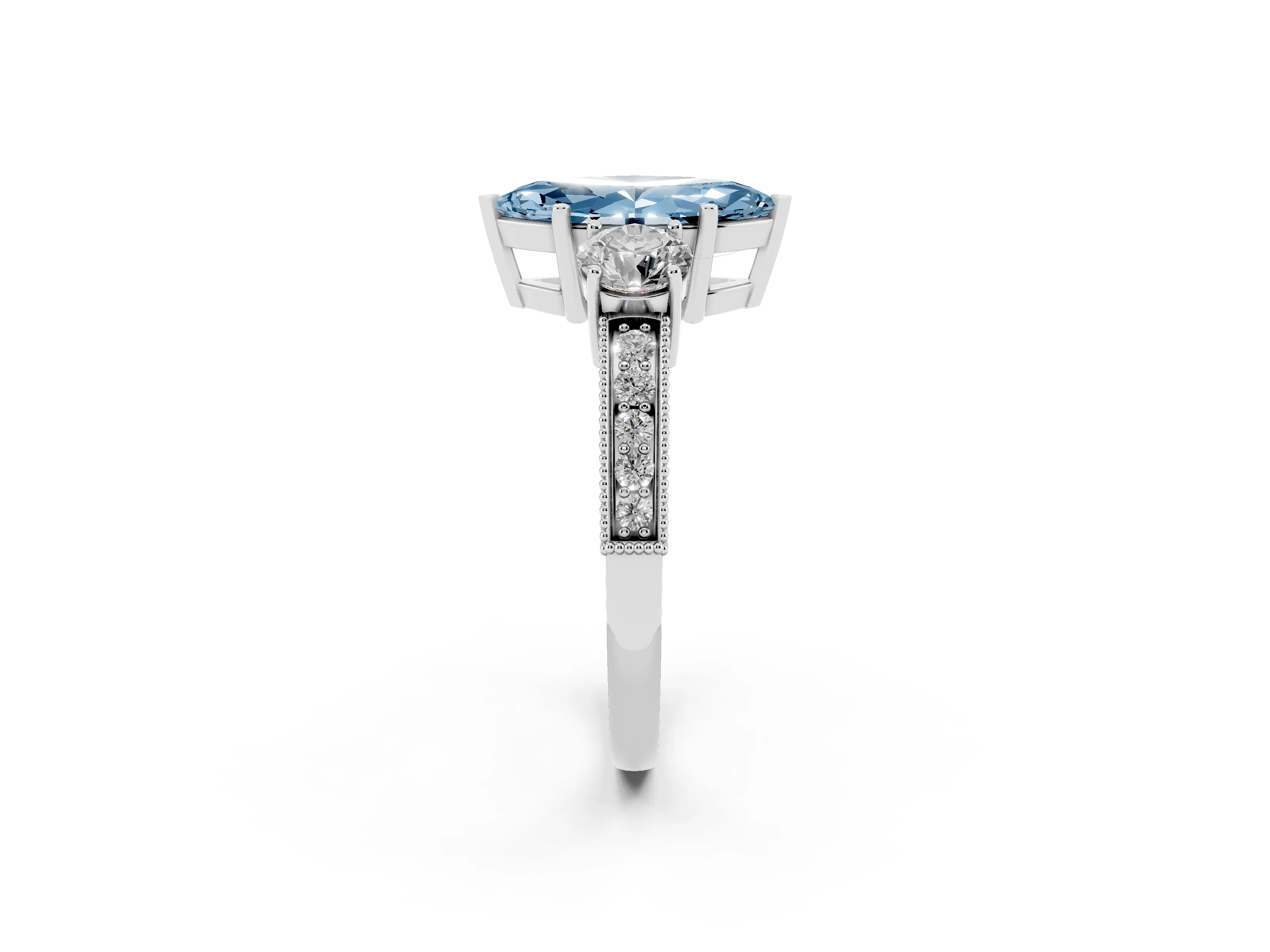 Fancy Blue Marquise Cut Diamond Three-Stone Ring Set in Platinum with Round Side Stones and Pavé Band