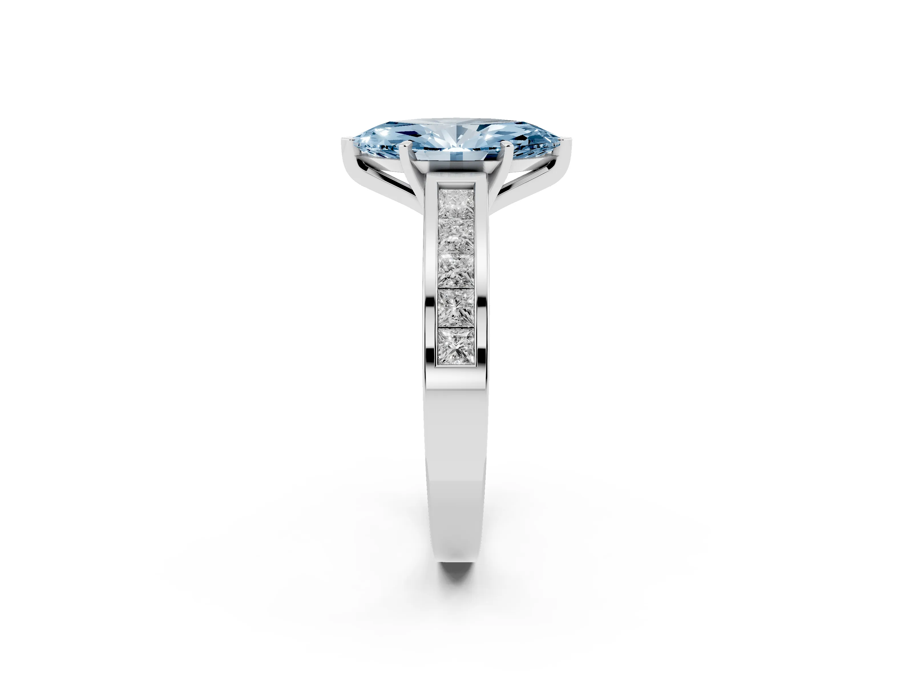 Fancy Blue Marquise Cut Diamond Solitaire Ring Set in Platinum with Channel-Set Band and Prong Setting