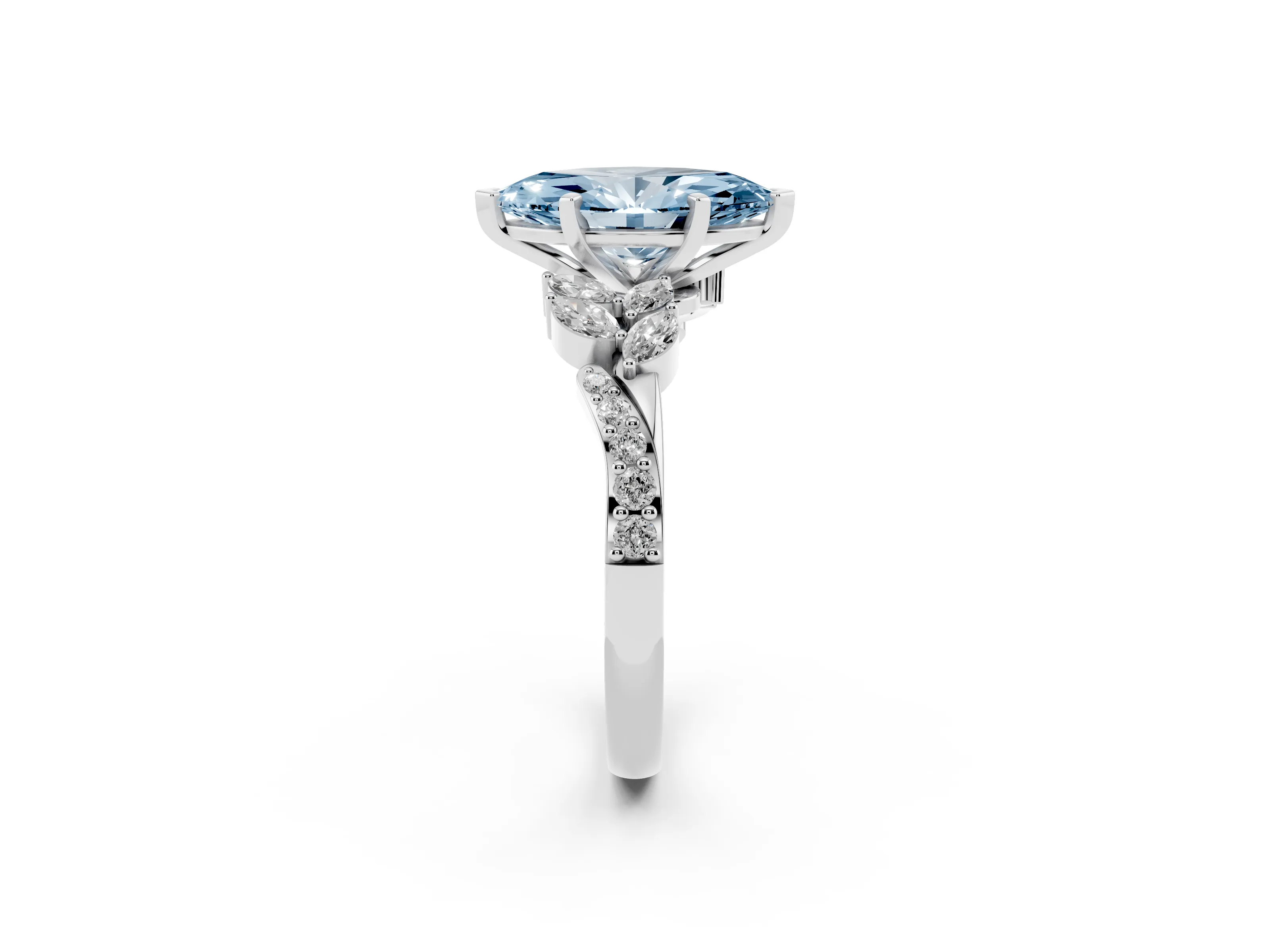 Fancy Blue Marquise Cut Diamond Solitaire Ring Set in White gold with Marquise Twist Band and Prong Setting