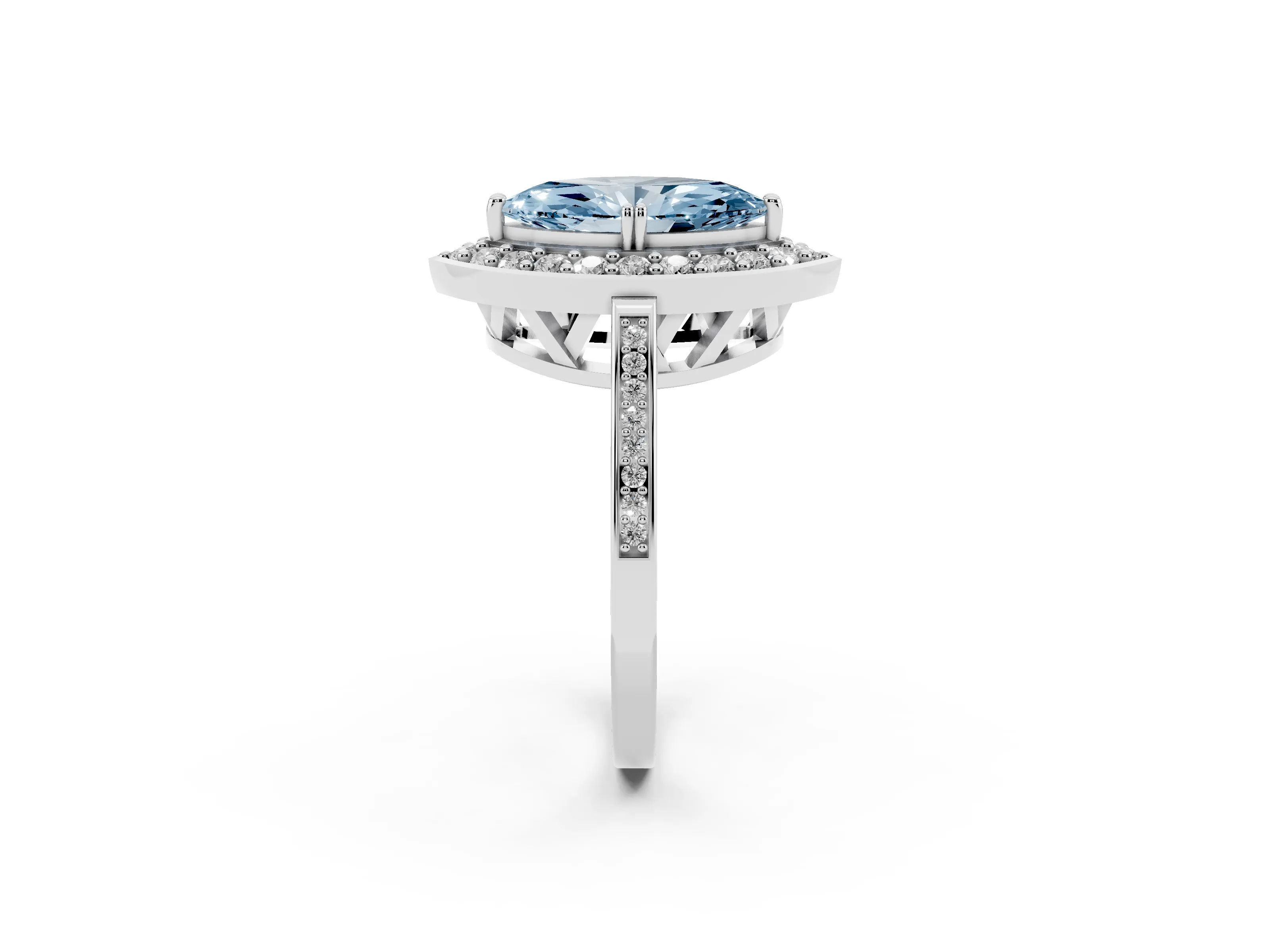 Fancy Blue Marquise Cut Diamond Halo Ring Set in Platinum with Accent-Lined Split Shank and Prong Setting