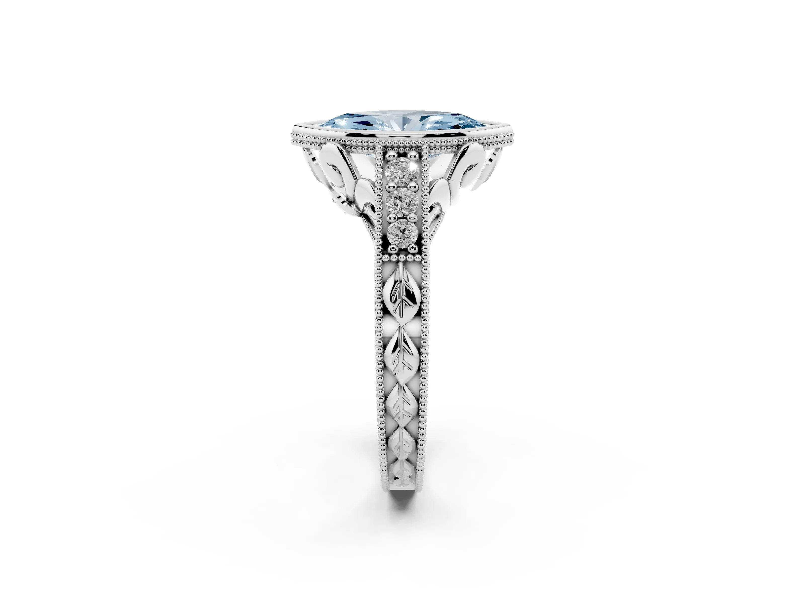 Fancy Blue Bezel Set Marquise Cut Diamond Milgrain Pavé Engagement Ring Set in Silver