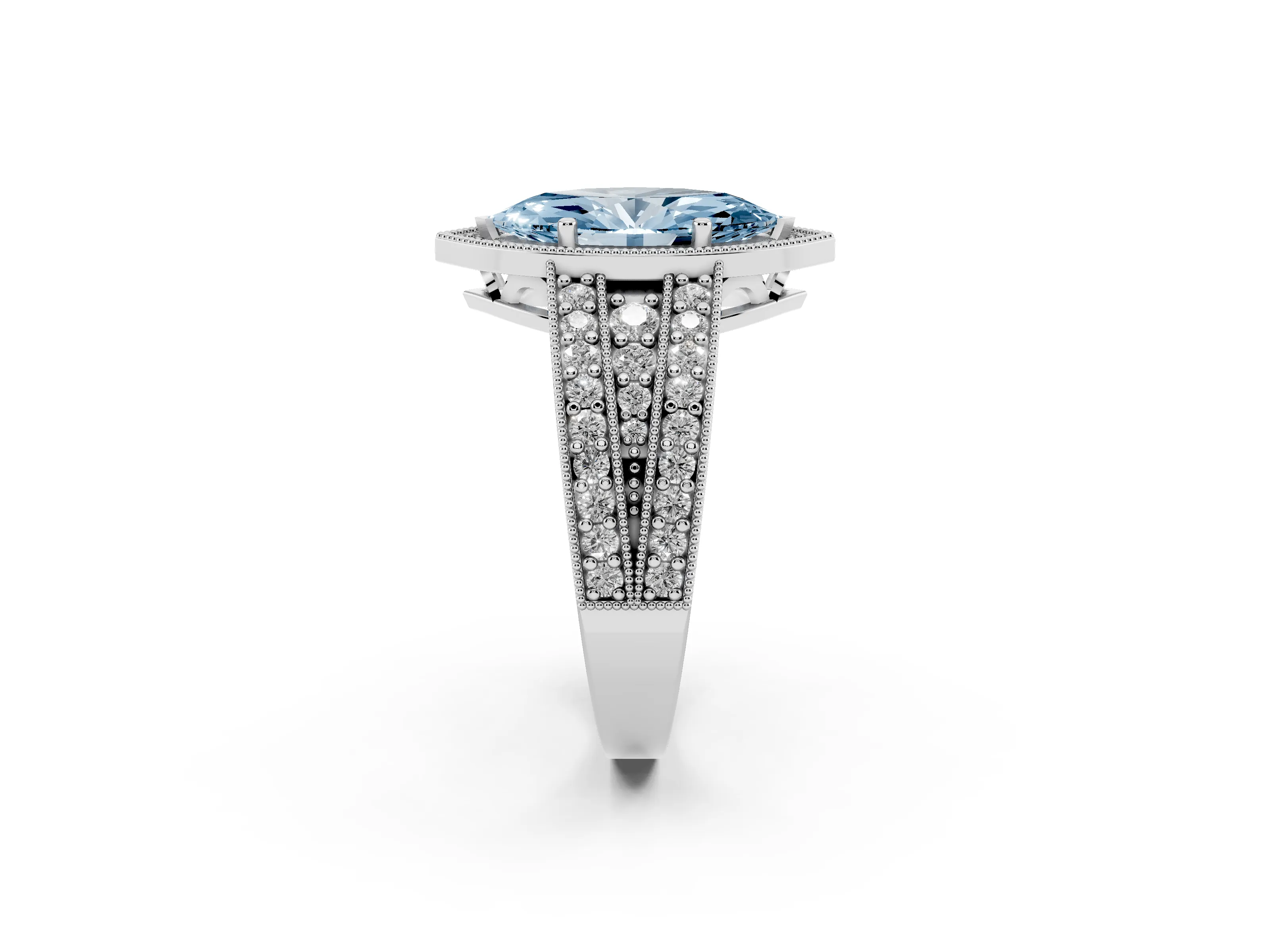 Fancy Blue Marquise Cut Diamond Halo Ring Set in Silver with Accent Split Shank and Prong Setting