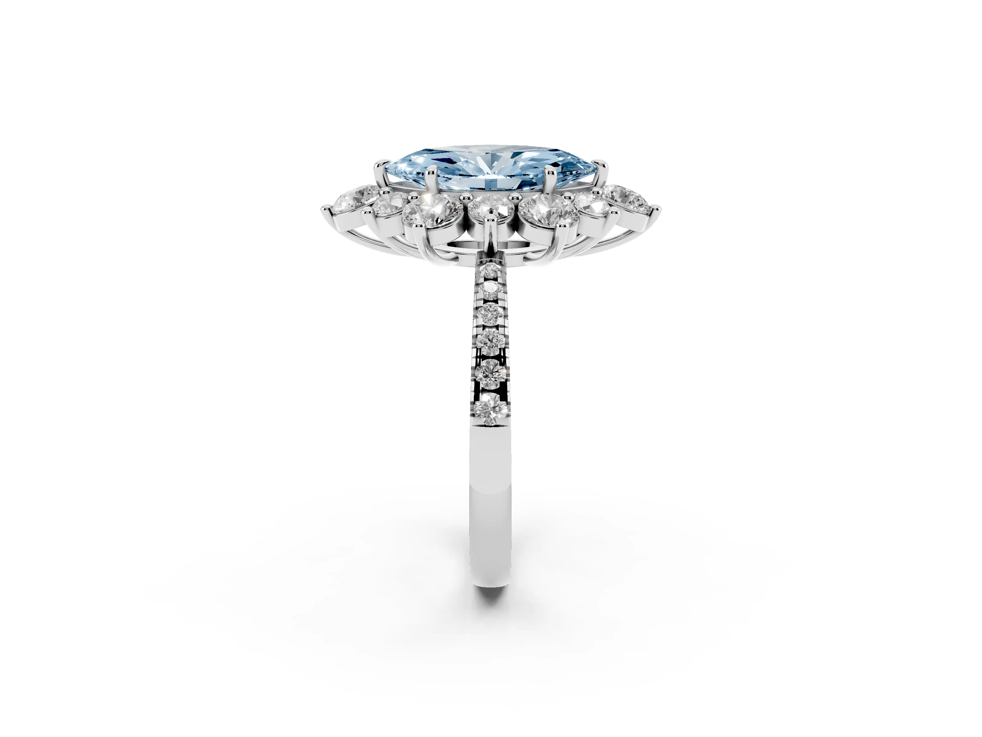 Fancy Blue Marquise Cut Diamond Floral Halo Ring Set in White gold with Round Pavé Band and Prong Setting