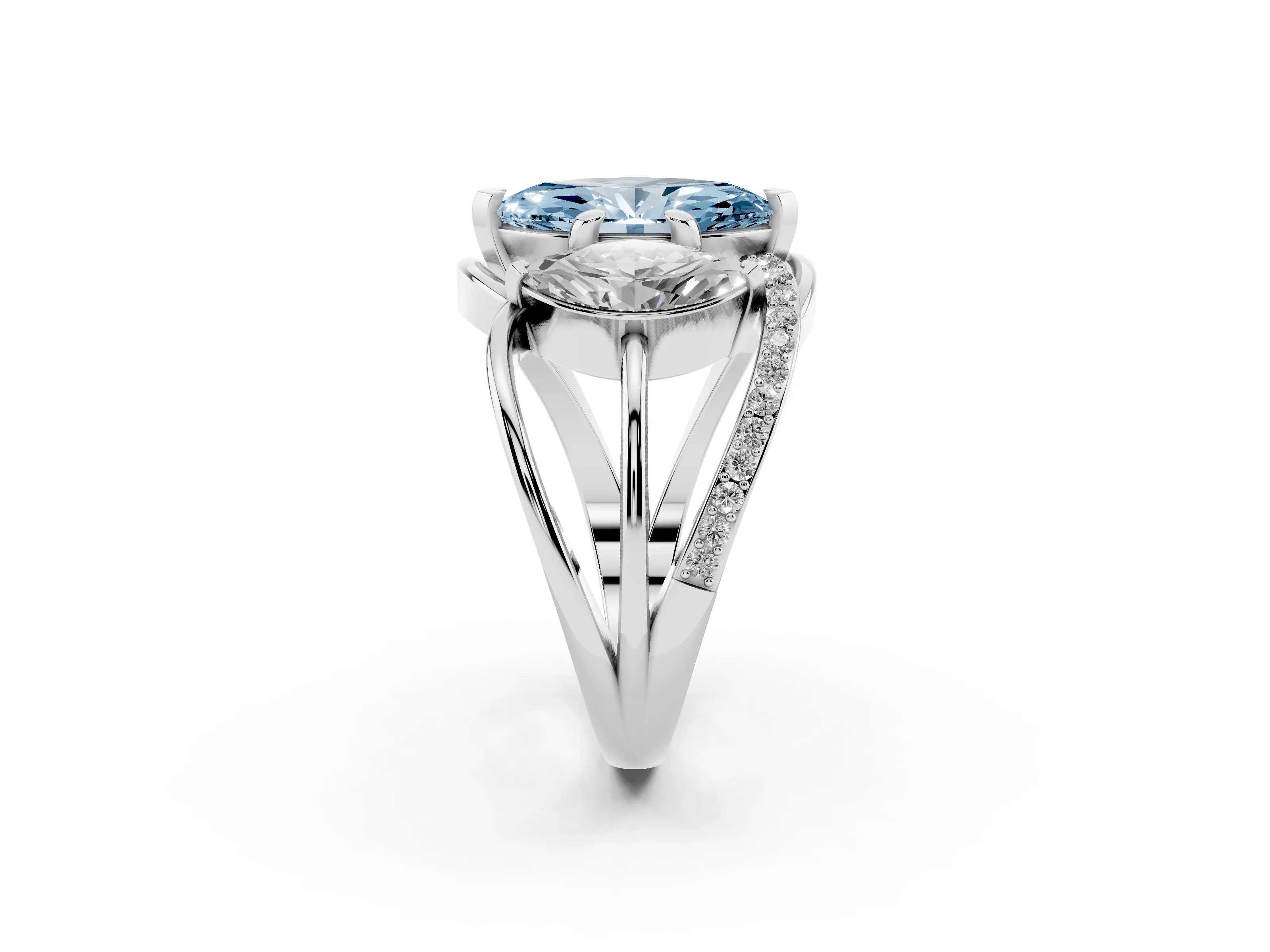 Fancy Blue Marquise Cut Diamond Three-Stone Ring Set in Platinum with Split Shank and Prong Setting