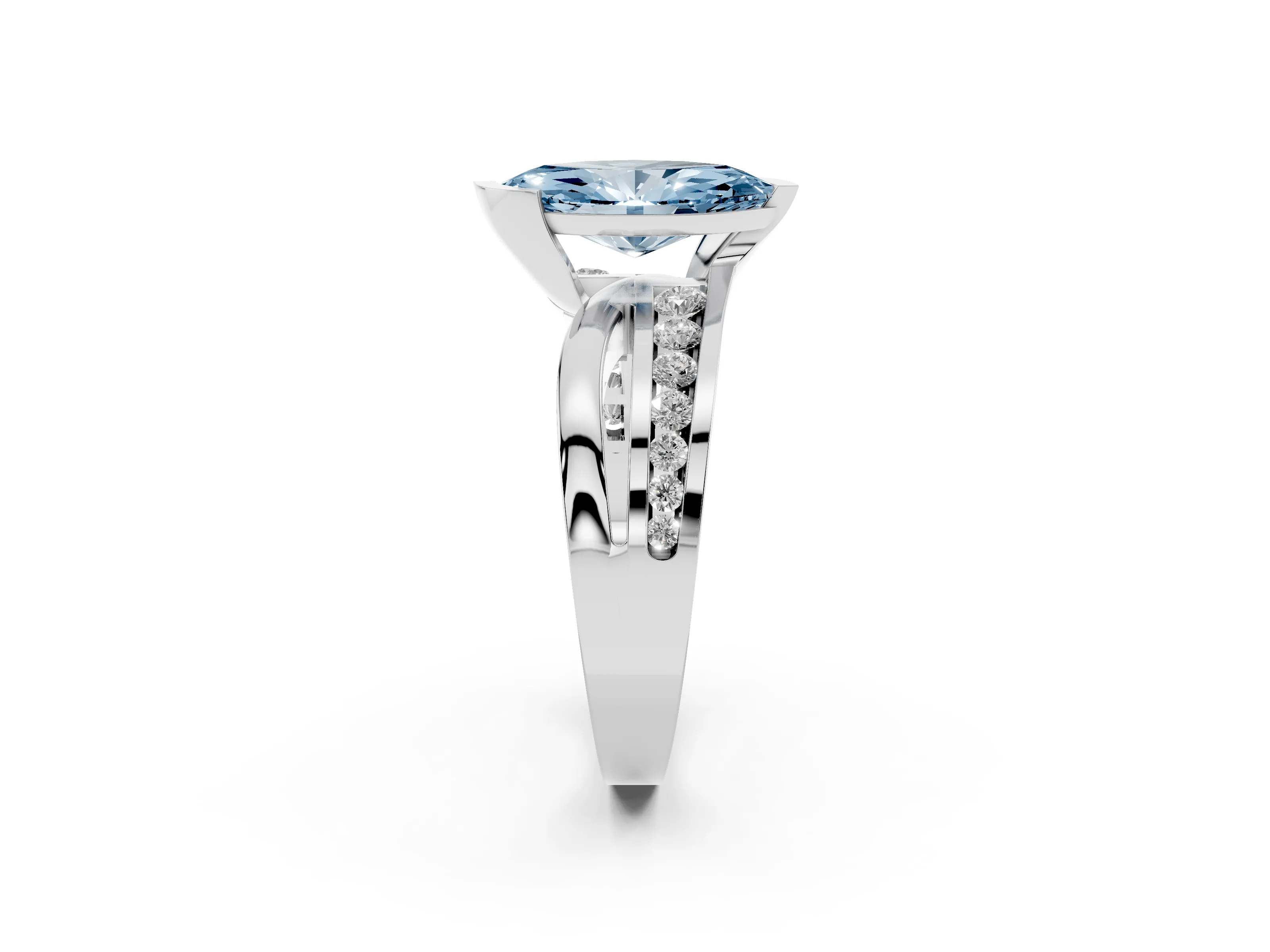 Fancy Blue Marquise Cut Diamond Solitaire Ring Set in Platinum with Channel Set Split Shank and Tension Prongs