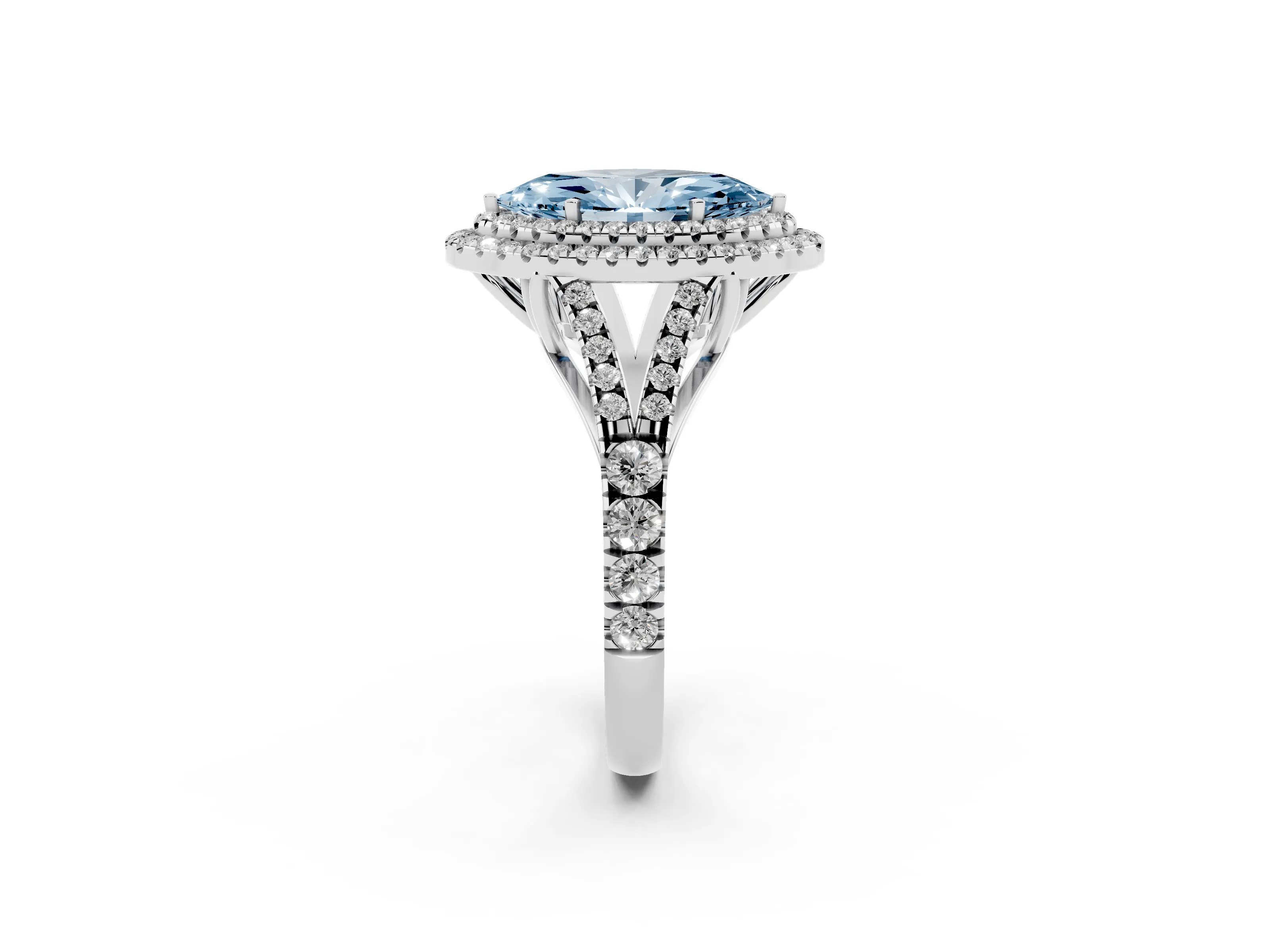 Fancy Blue Marquise Cut Diamond Pavé Split Shank Double Halo Engagement Ring Set in Platinum