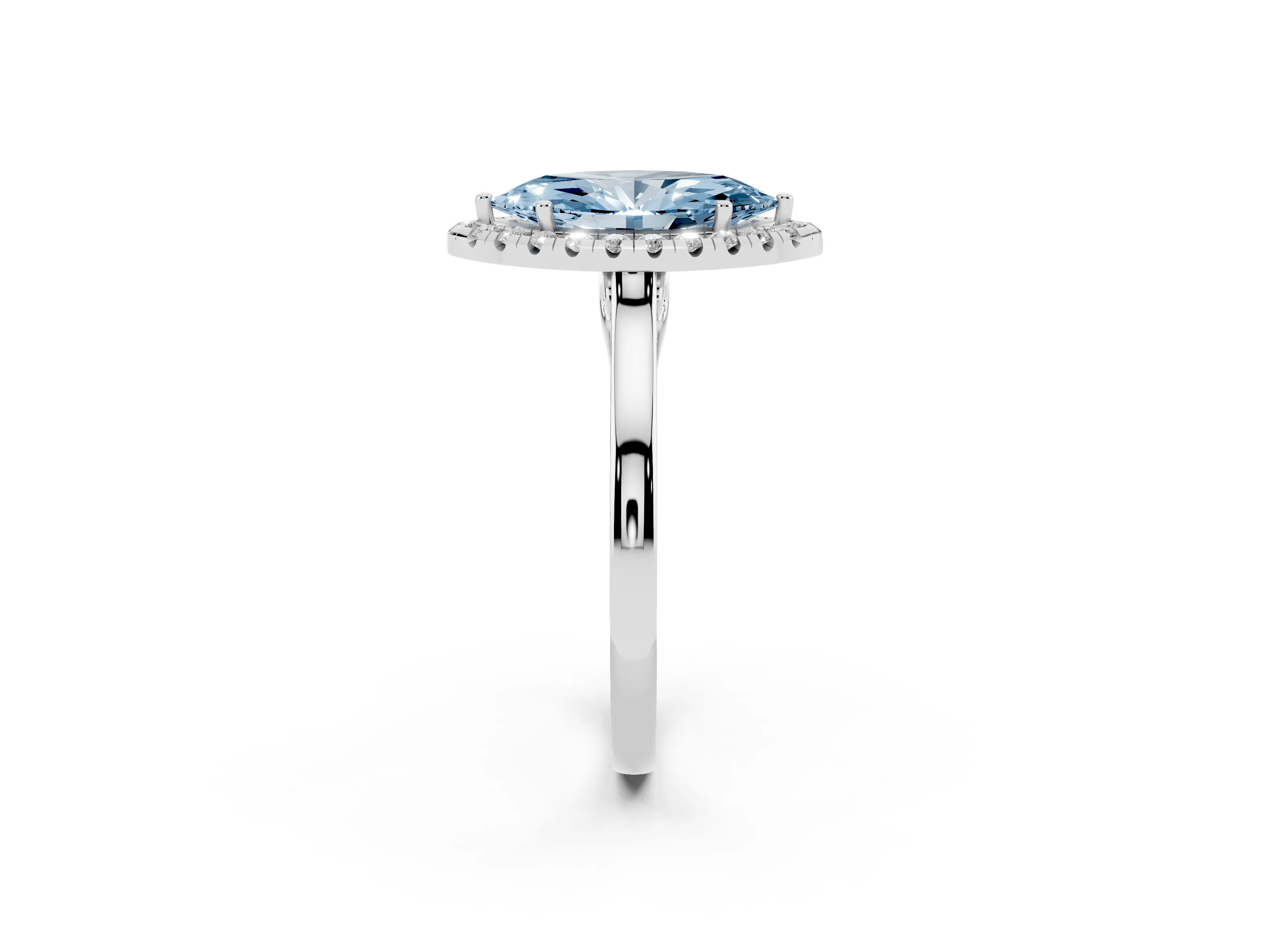 Fancy Blue Marquise Cut Halo Round Diamond Solitaire Ring Set in Platinum with Pavé Band and Prong Setting