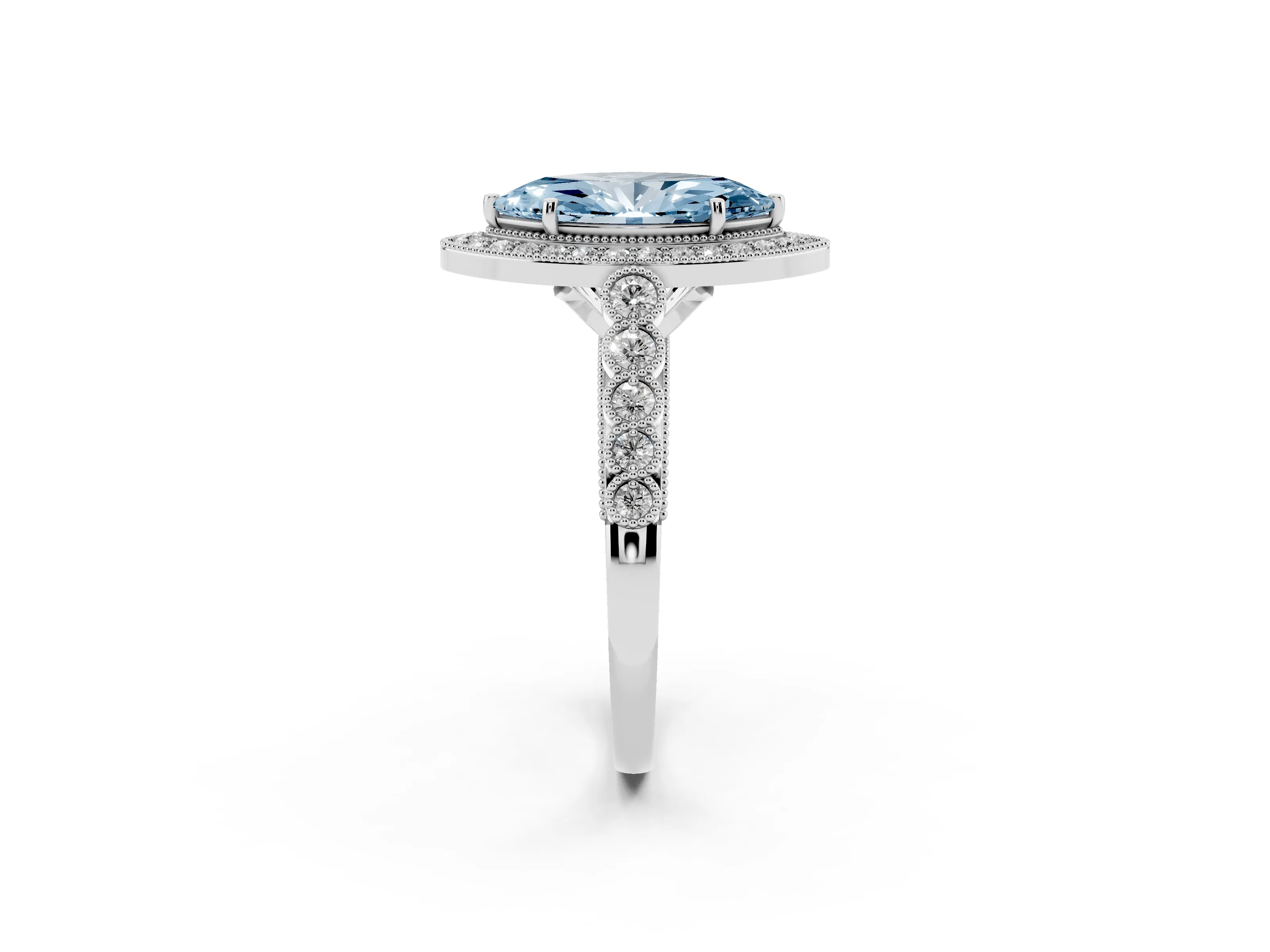 Fancy Blue Marquise Cut Diamond Milgrain Halo Solitaire Ring Set in Platinum with Bezel Set Side Stones and Pavé Band