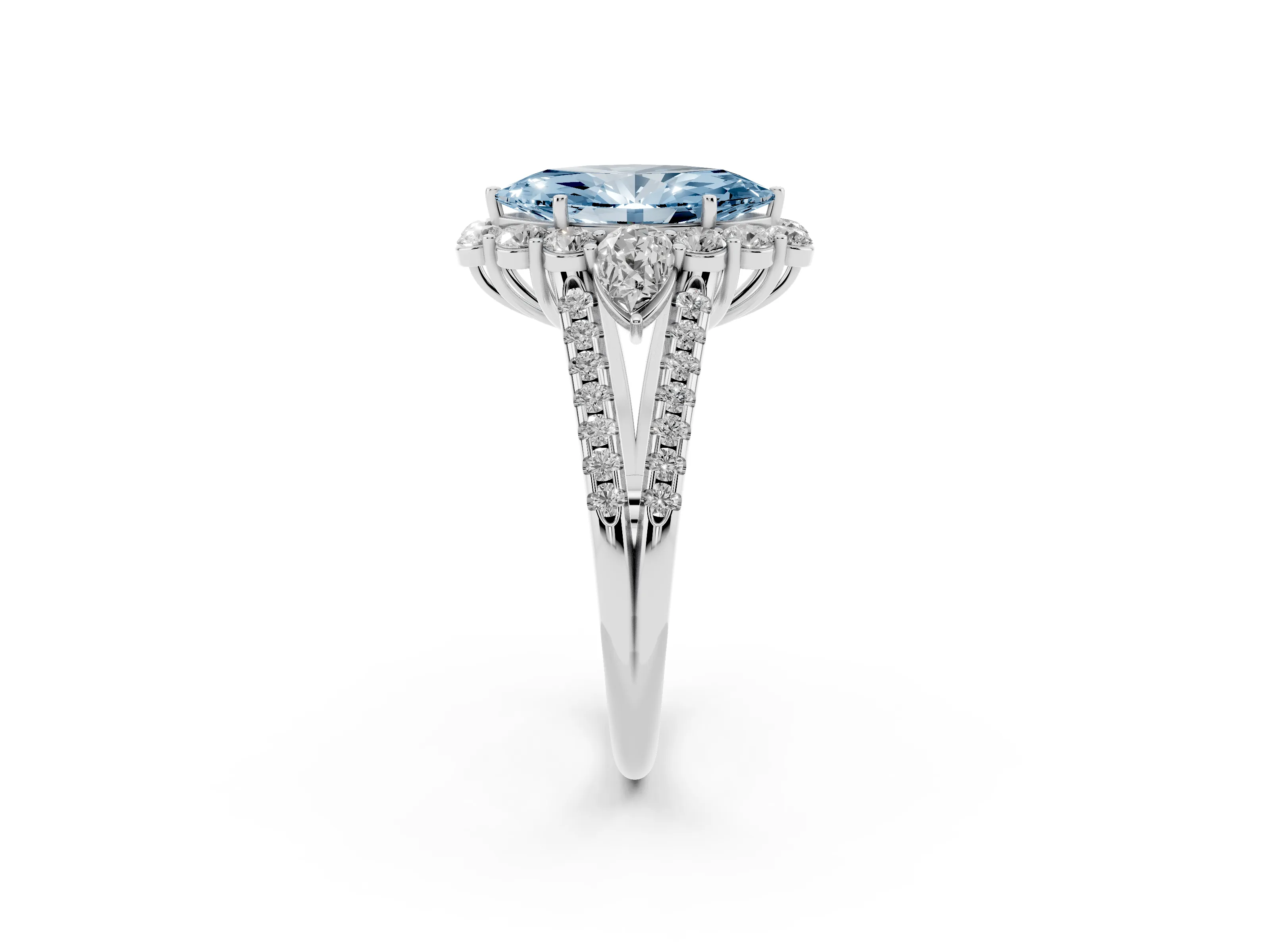 Fancy Blue Marquise Cut Diamond Halo Split Shank Engagement Ring Set in Silver with Prong-Held Center Stone
