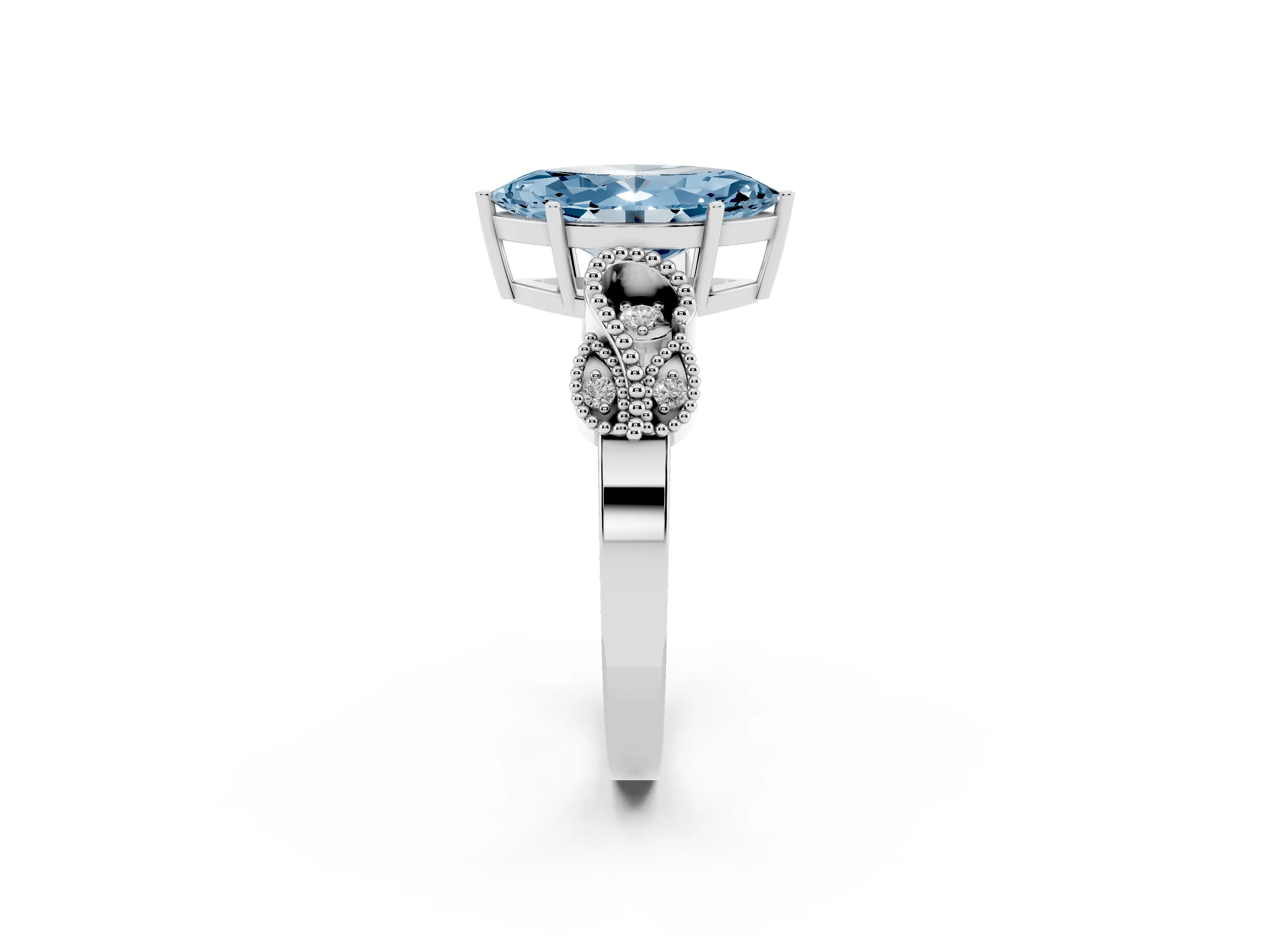 Fancy Blue Marquise Cut Diamond Milgrain Leaf Band Solitaire Ring Set in Platinum with Accent Stones and Prong Setting