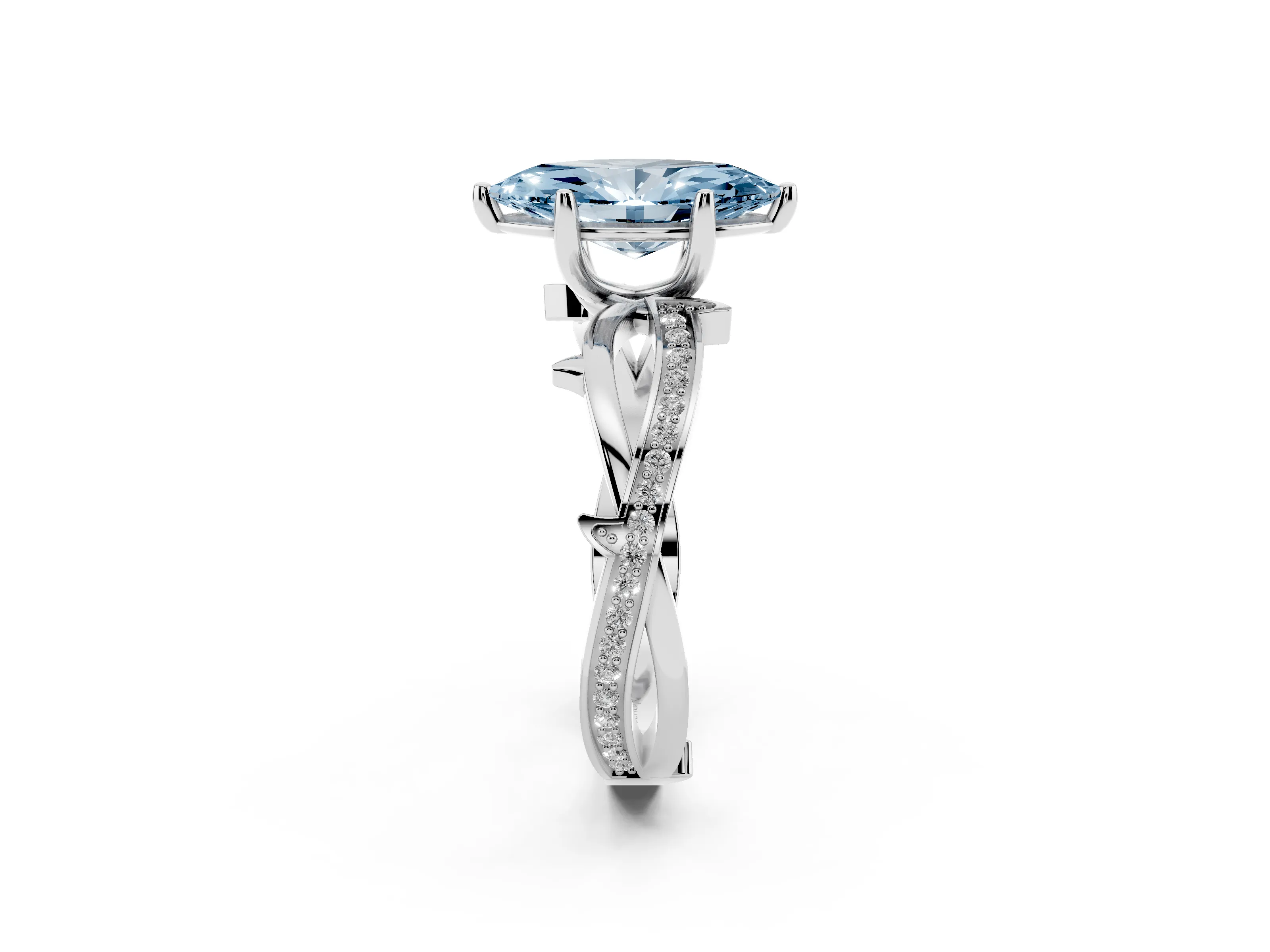 Fancy Blue Marquise Cut Diamond Pavé Twist Band Solitaire Ring Set in Silver with Prong Setting