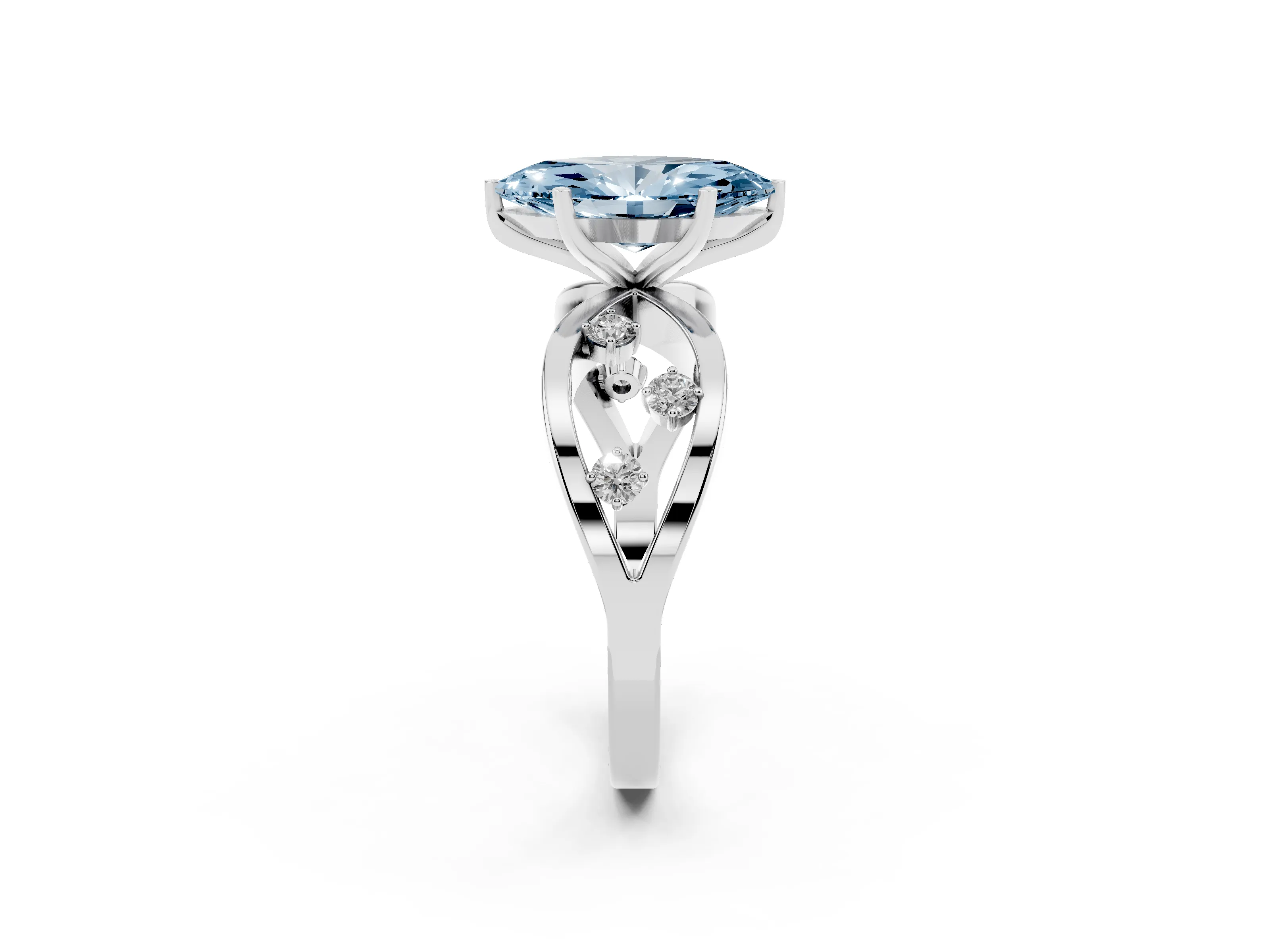 Fancy Blue Marquise Cut Diamond Solitaire Ring Set in Silver with Side Stones on Criss-Cross Band and Prong Setting
