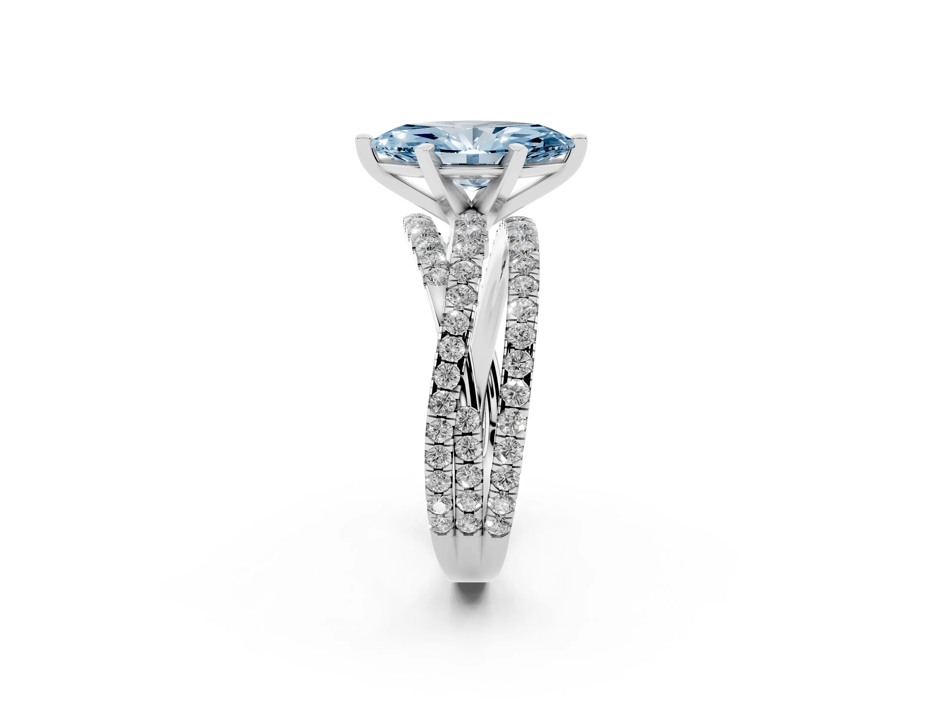 Fancy Blue Marquise Cut Diamond Solitaire Twist Band Ring Set in Silver with Pavé Setting and Prong Head