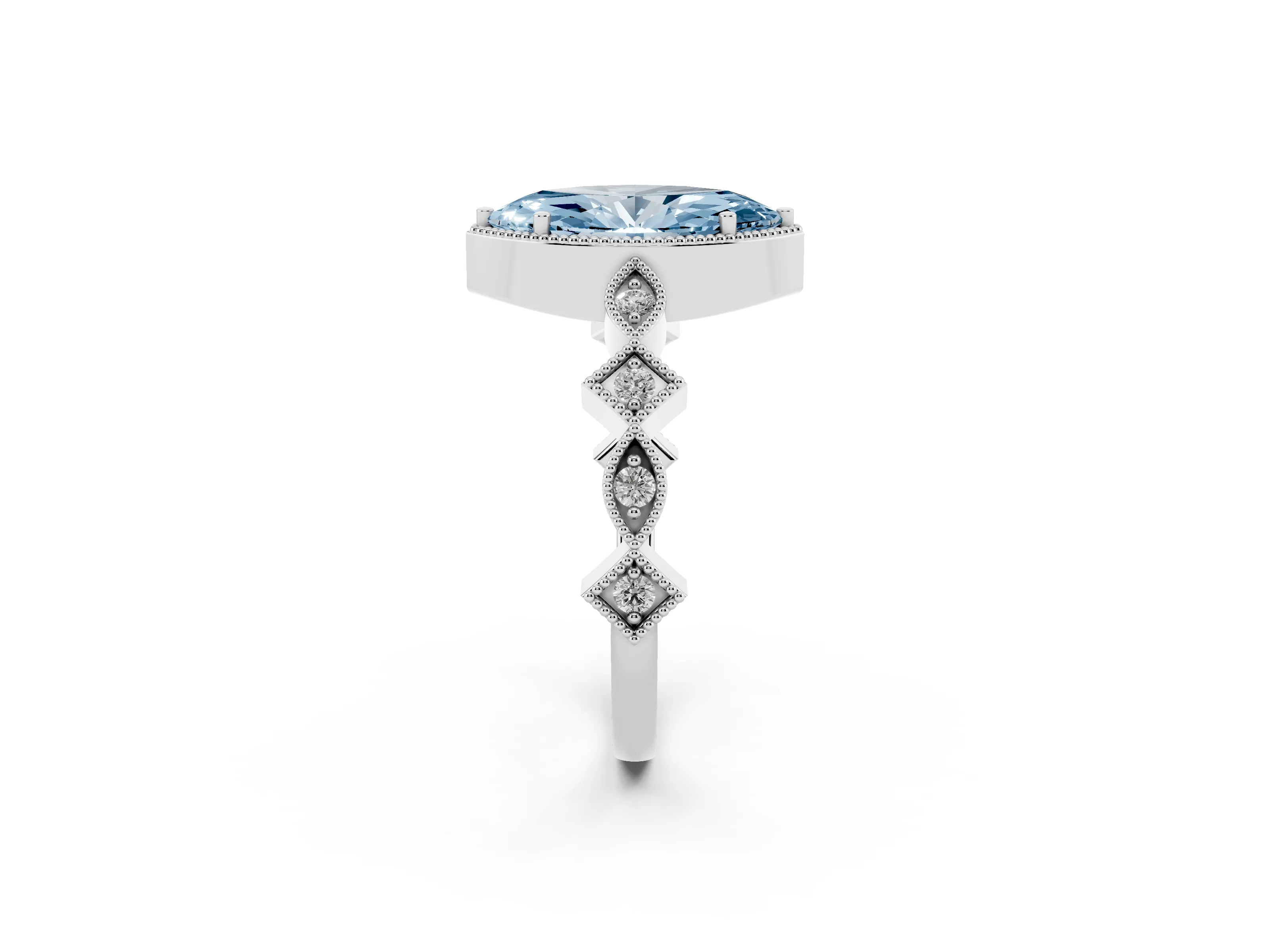 Fancy Blue Marquise Cut Diamond Milgrain Marquise Twist Band Ring Set in White gold with Prong Setting