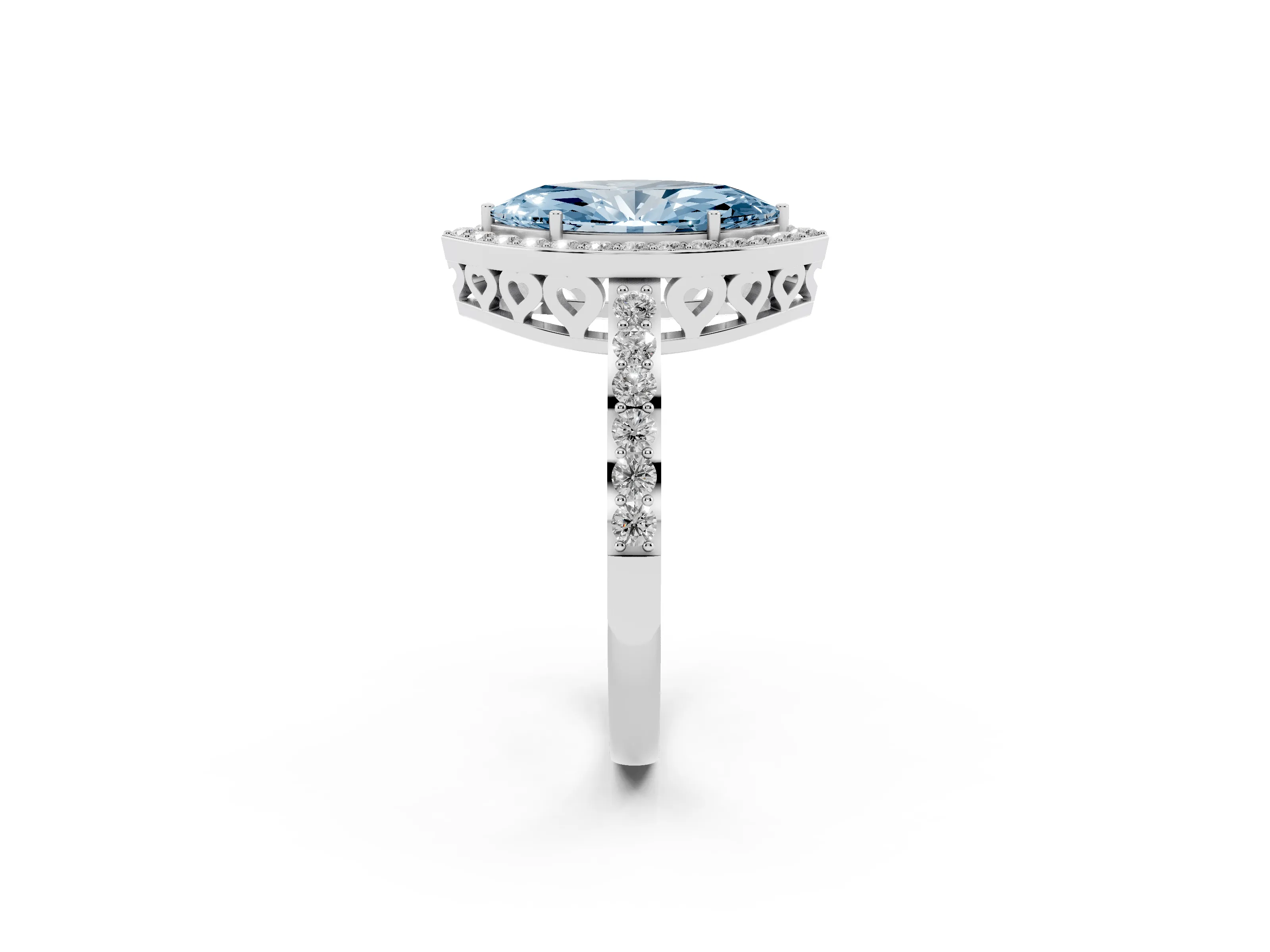 Fancy Blue Marquise Cut Diamond Halo Ring Set in White gold with Pavé-Setting Band and Open Prong Center