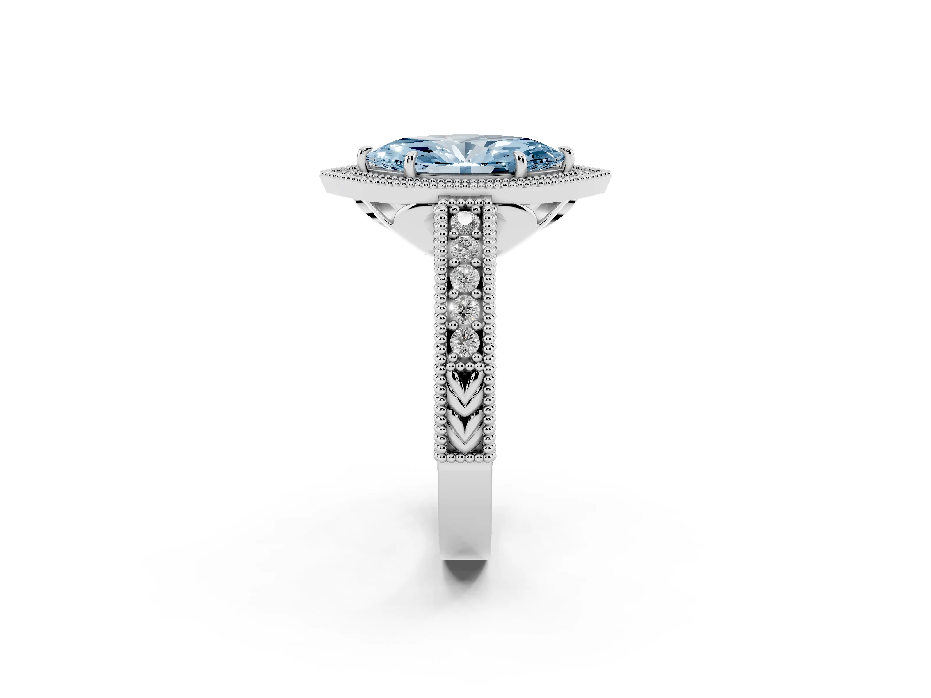 Fancy Blue Marquise Cut Diamond Halo Ring Set in White gold with Round Accent Halo, Pavé Band and Prong Setting