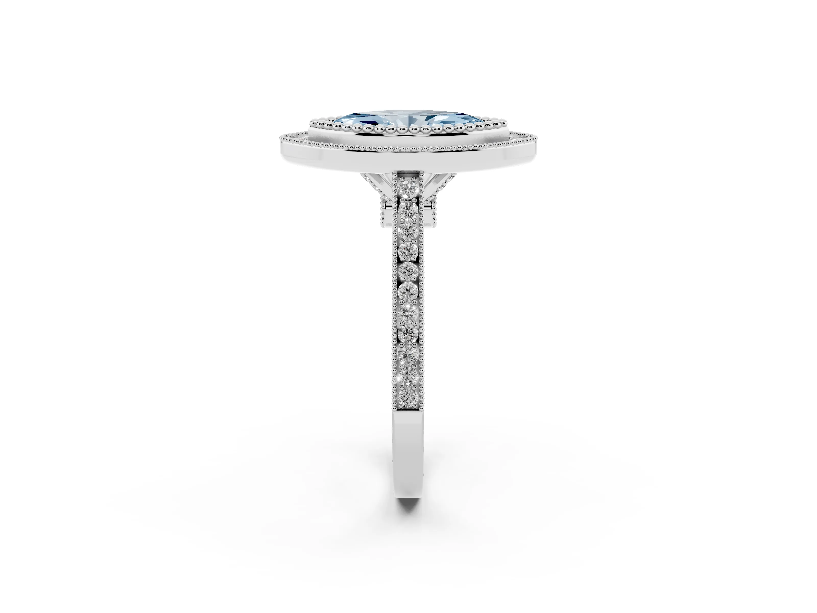 Fancy Blue Marquise Cut Diamond Halo Ring Set in Silver with Milgrain Frame and Pavé Band
