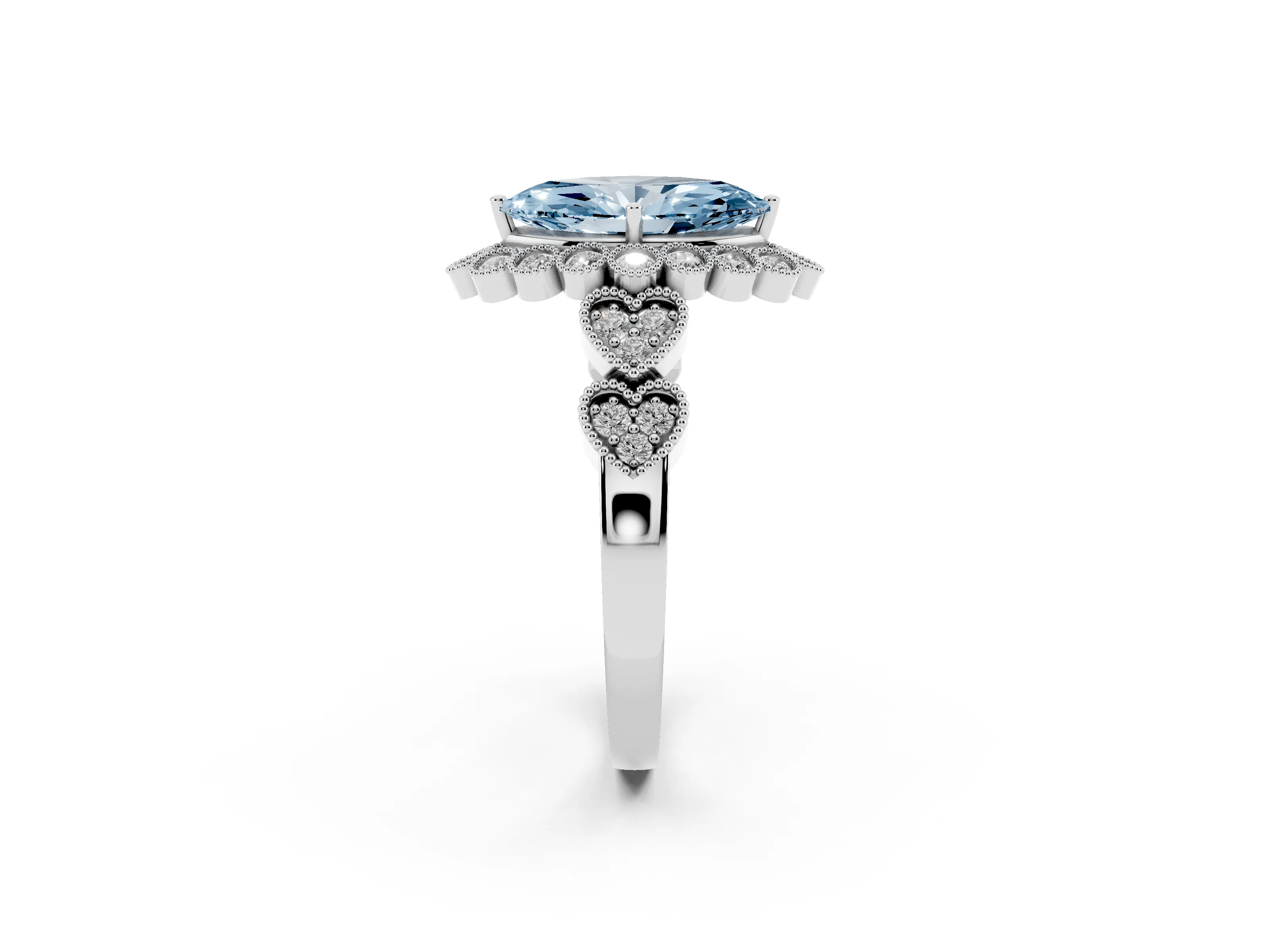 Fancy Blue Marquise Cut Diamond Solitaire Ring Set in White gold with Milgrain Pavé Heart Band
