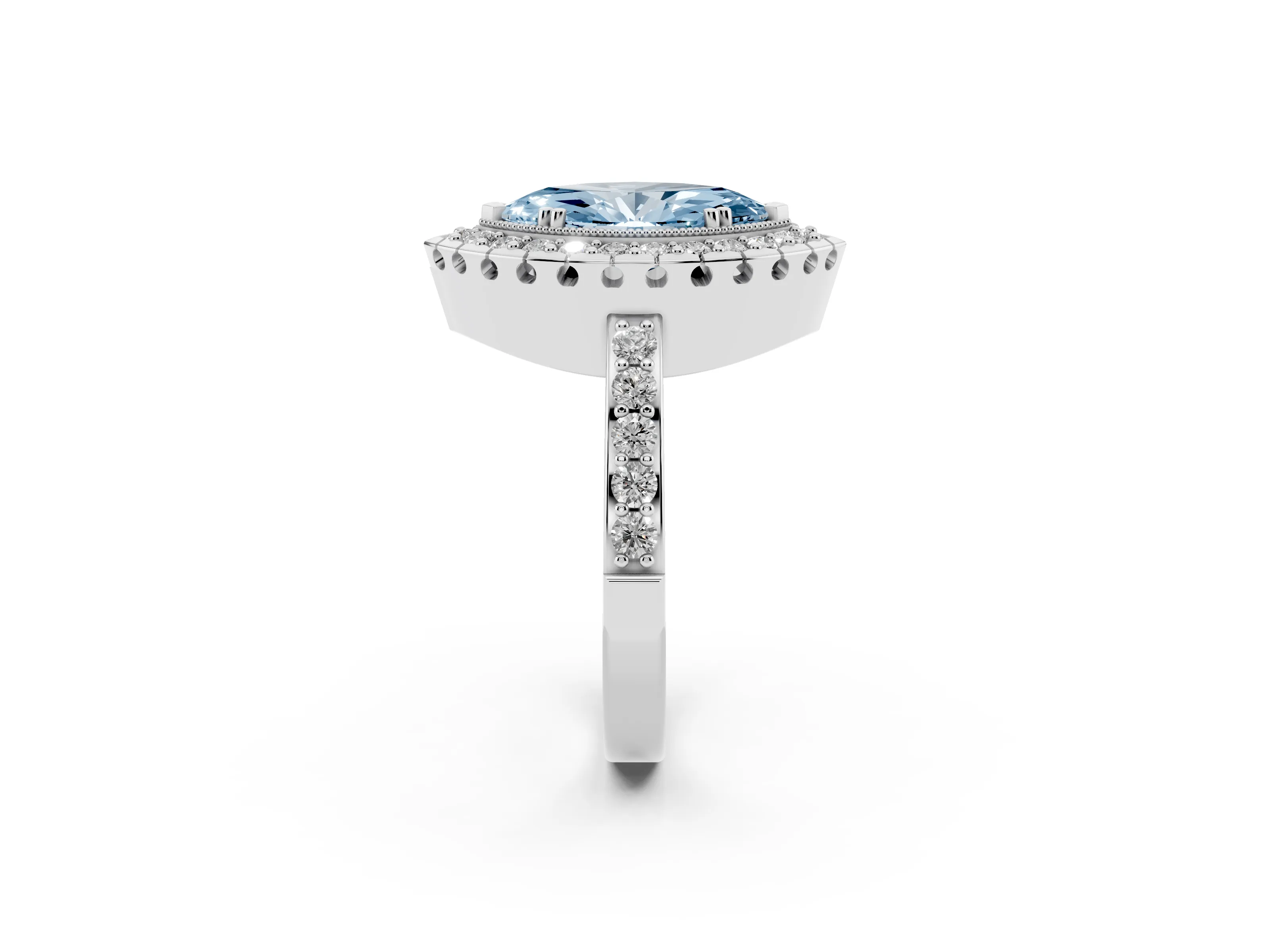 Fancy Blue Marquise Cut Diamond Halo Ring Set in White gold with Pavé Shank and Prong Setting