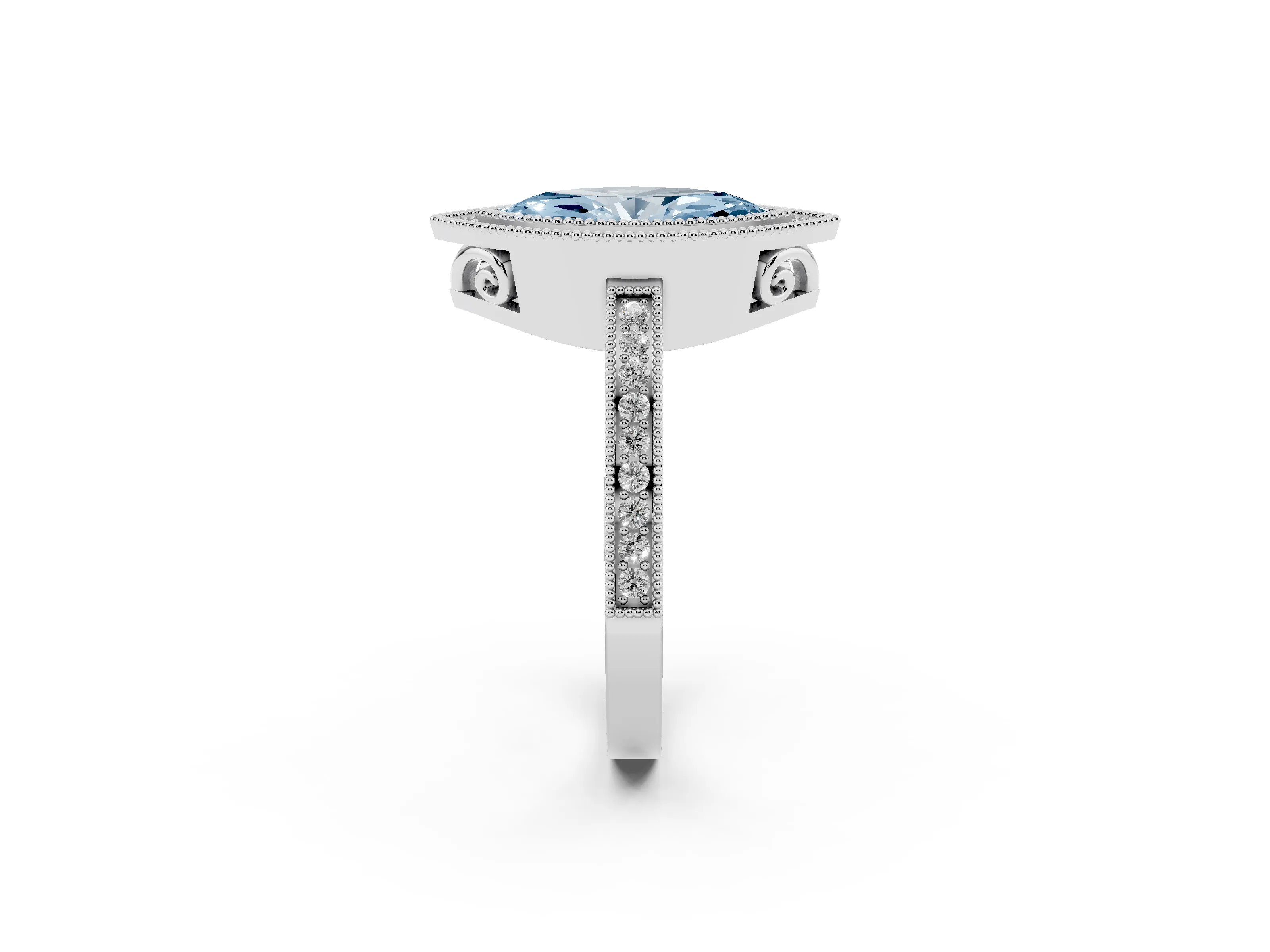 Fancy Blue Marquise Cut Diamond Halo Ring Set in White gold with Pavé Band and Milgrain-Edged Prongs