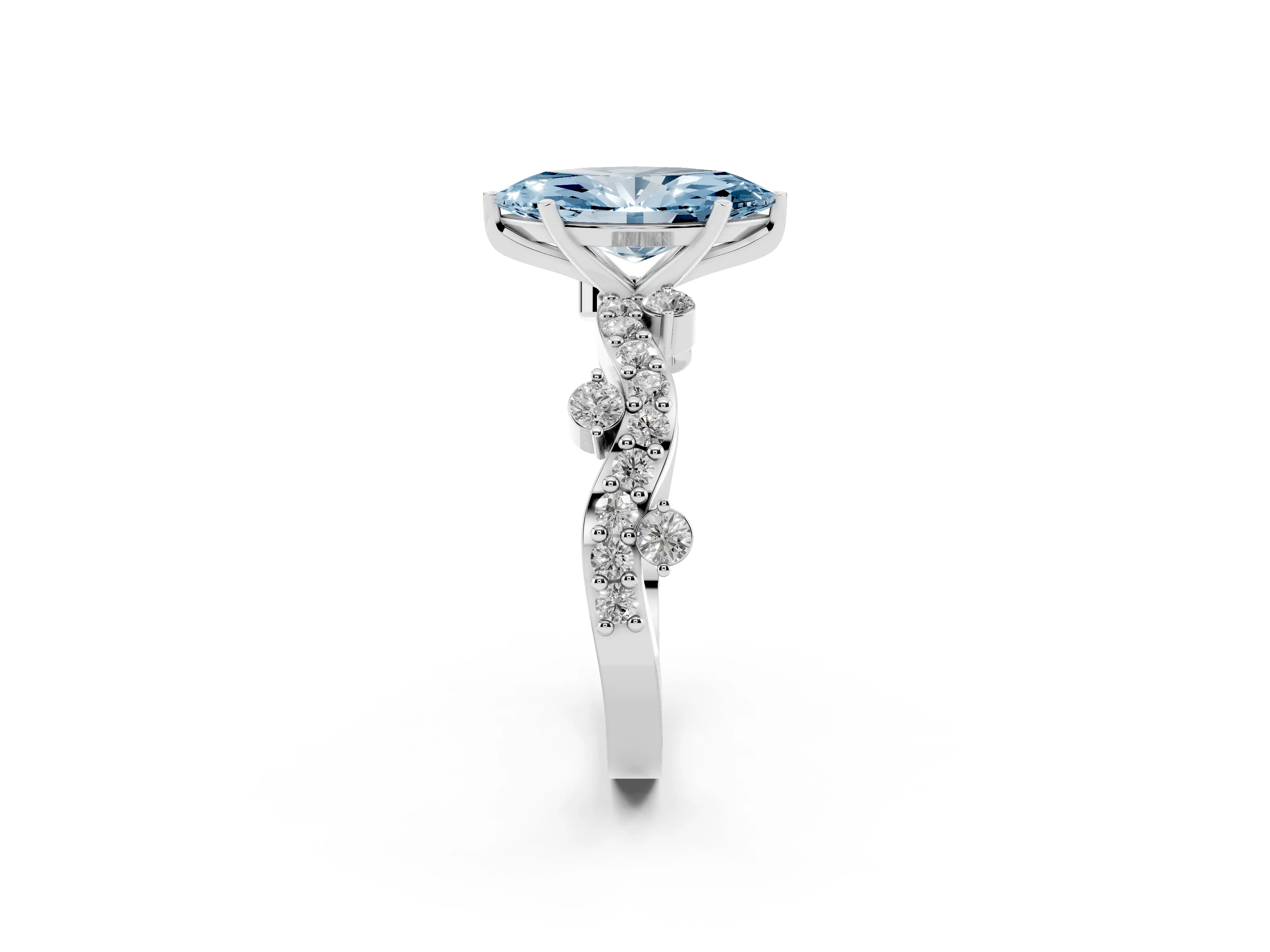 Fancy Blue Marquise Cut Diamond Solitaire Twisted Band Set in White gold with Pavé Setting