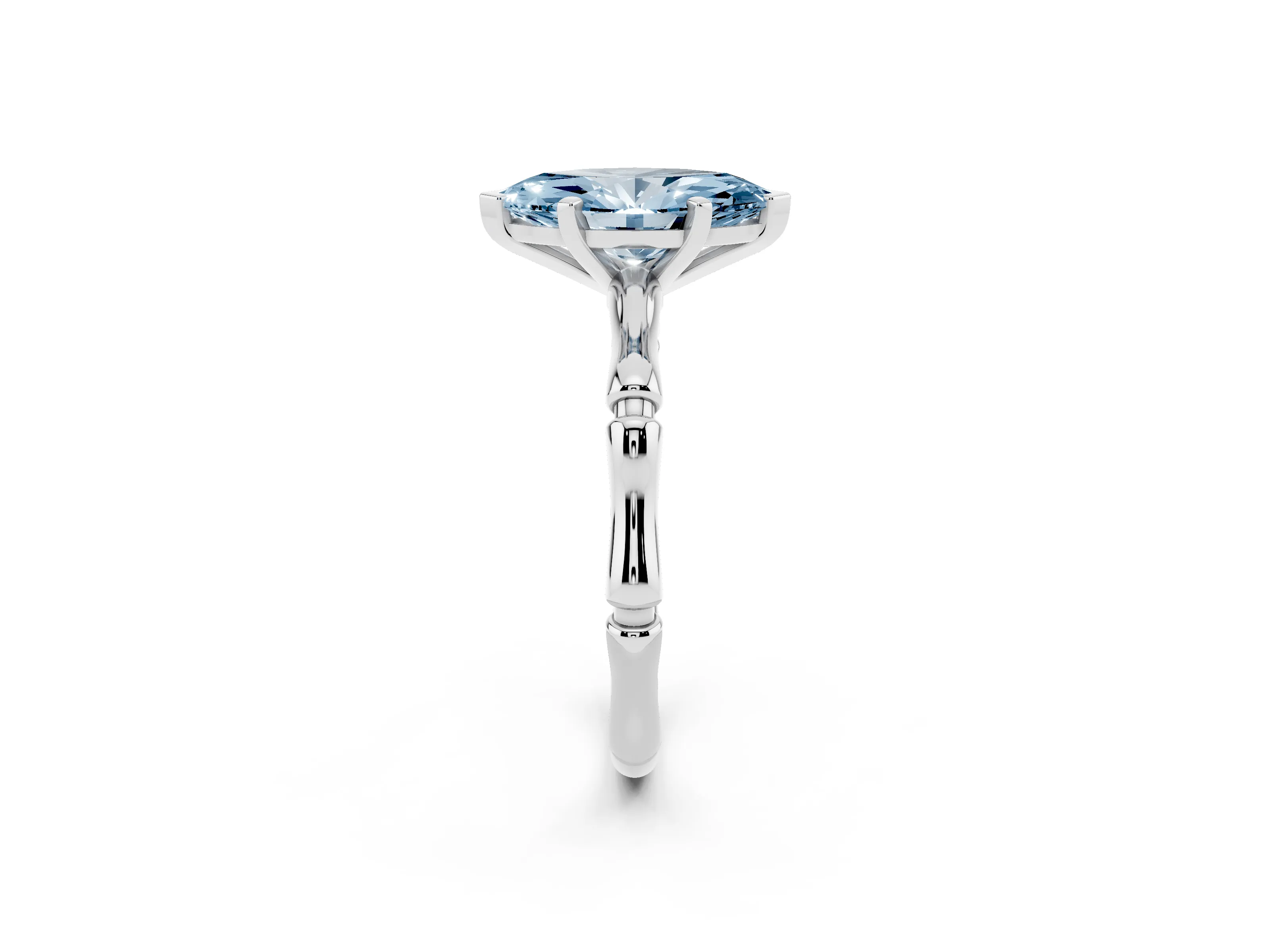 Fancy Blue Marquise Cut Diamond Solitaire Ring Set in Silver with Bamboo Band and Prong Setting