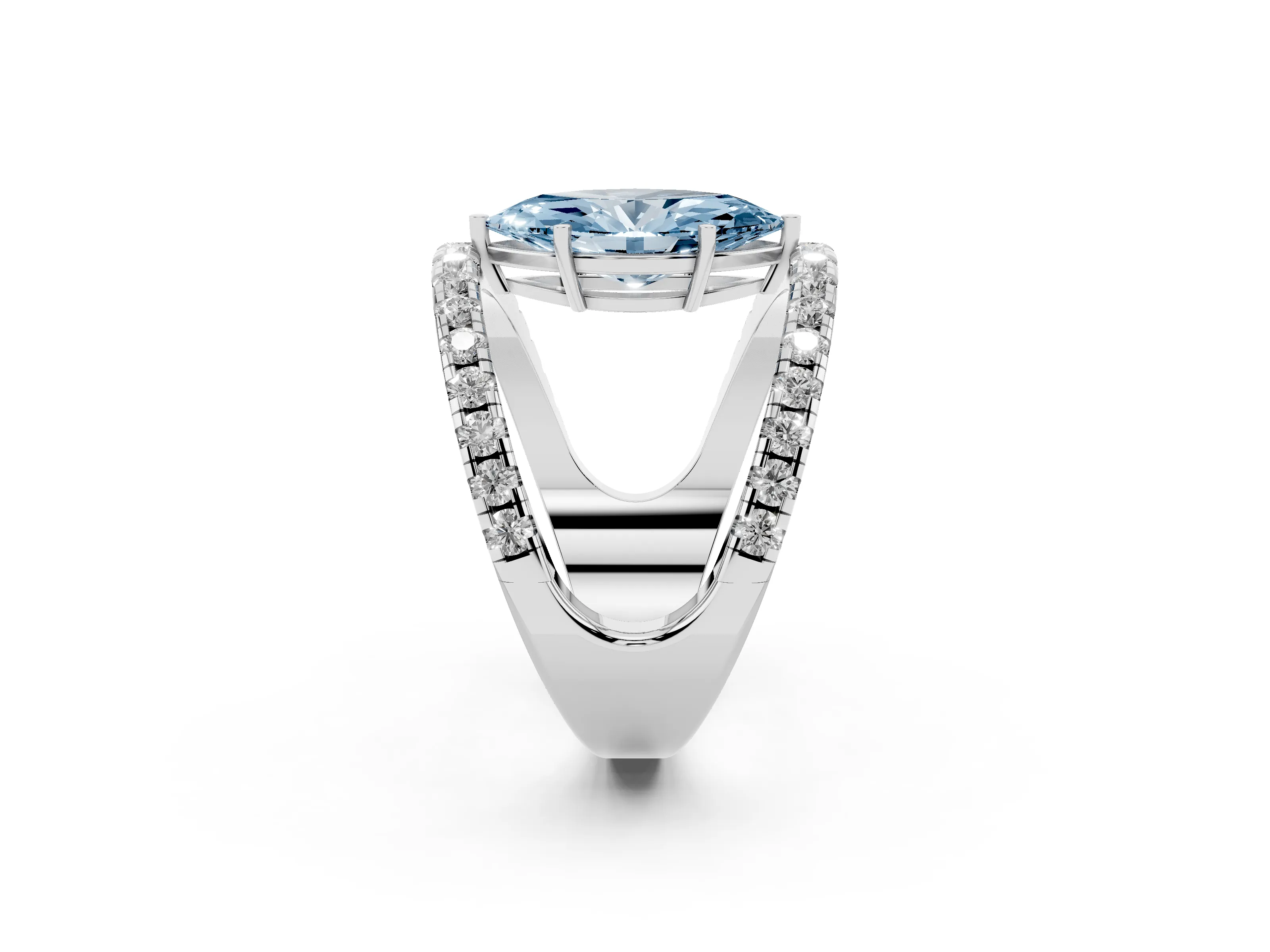 Fancy Blue Marquise Cut Diamond Split Shank Pavé Solitaire Ring Set in Platinum with Open Shank Design