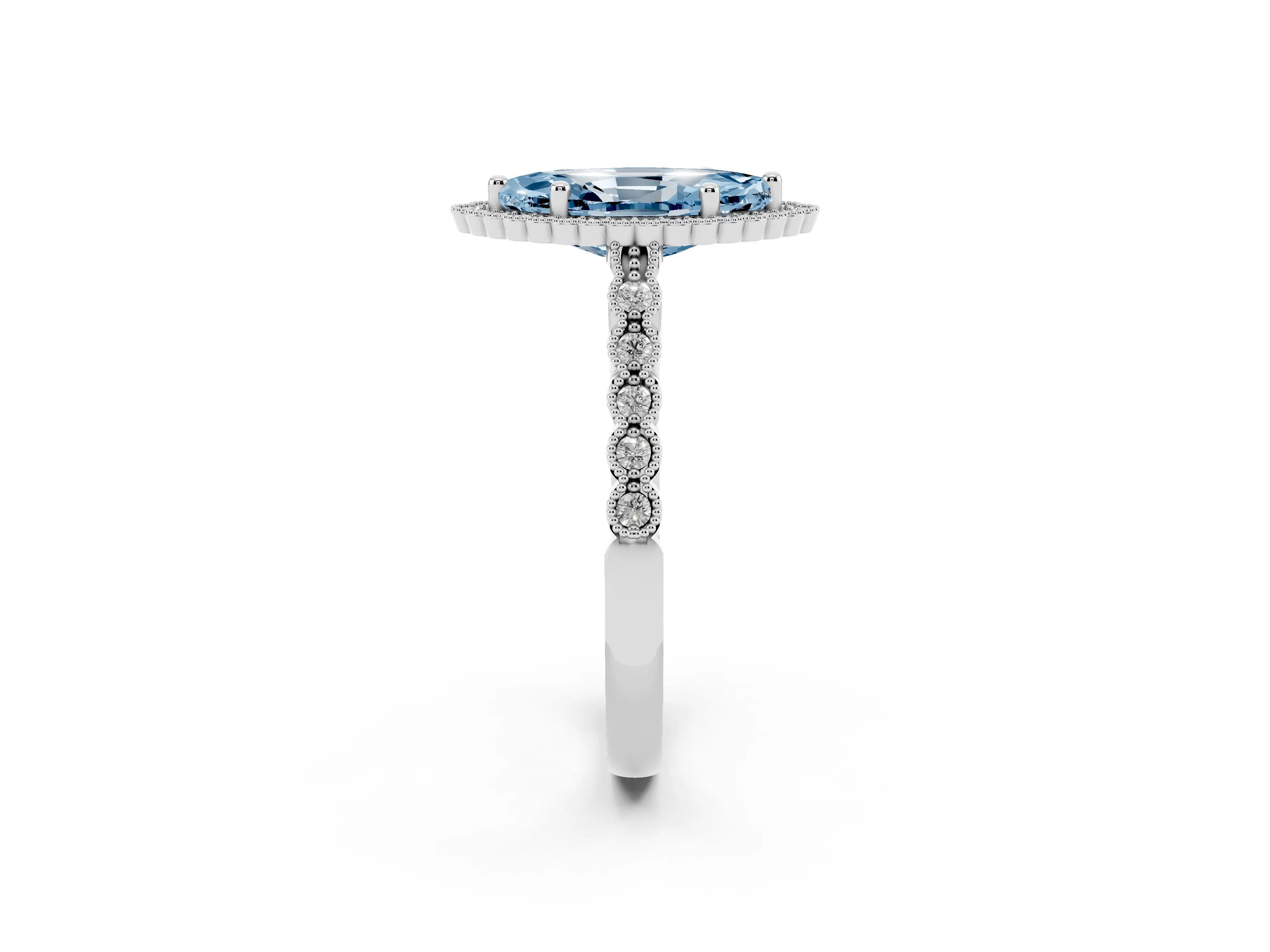 Fancy Blue Marquise Cut Diamond Halo Ring Set in White gold with Pavé Milgrain Band