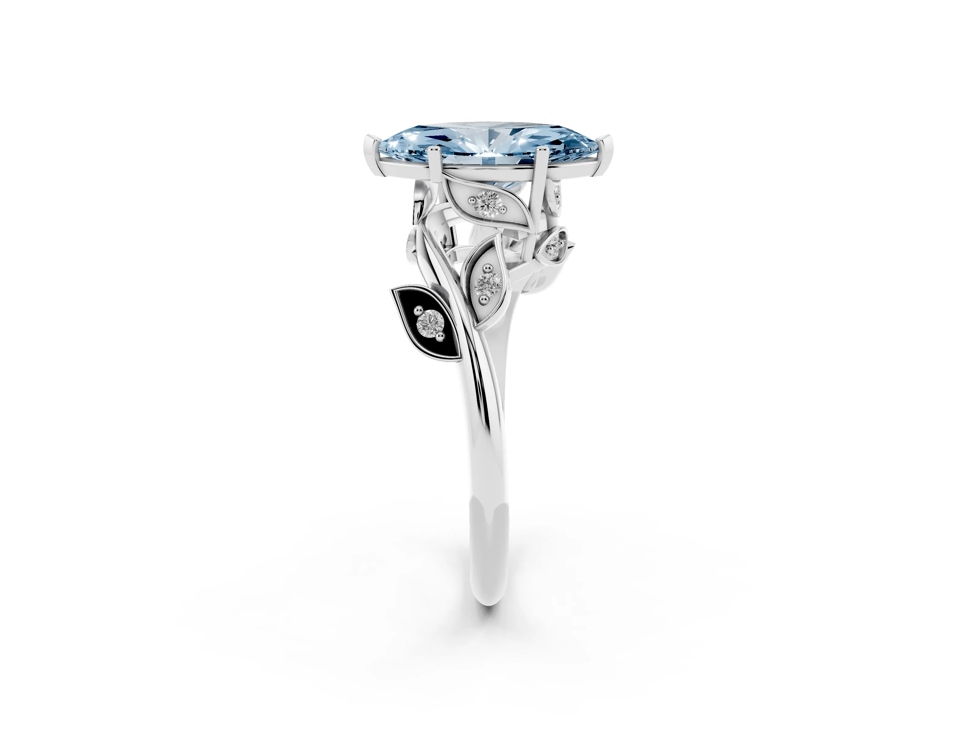 Fancy Blue Marquise Cut Diamond Solitaire Twist Engagement Ring Set in White gold with Pavé Leaf Accents