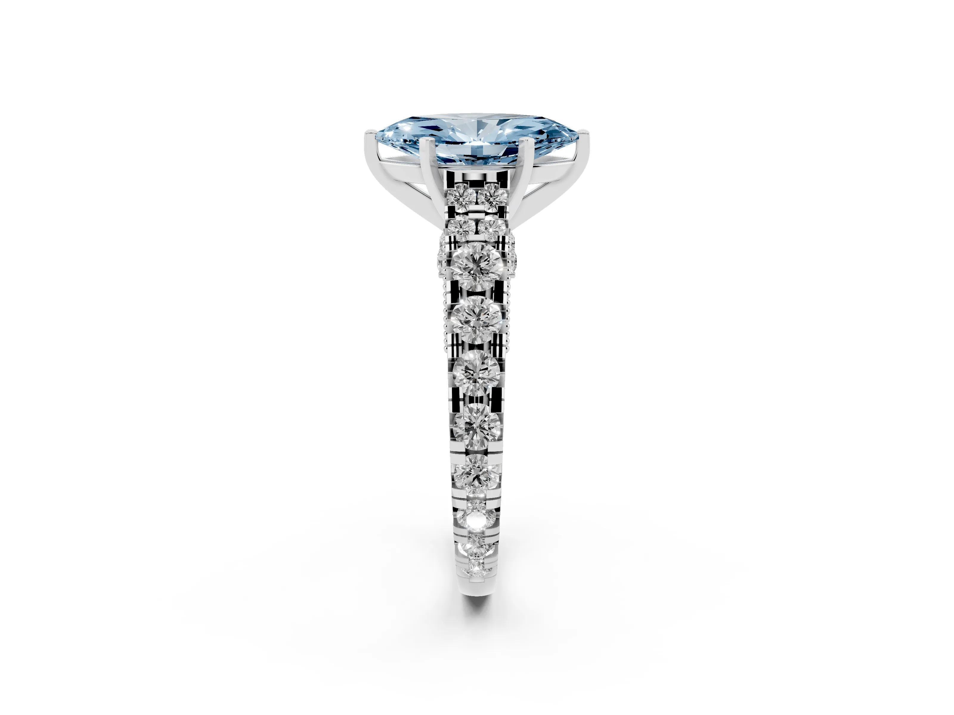 Fancy Blue Marquise Cut Diamond Classic Solitaire Ring Set in White gold with Pavé Band and Prong Setting