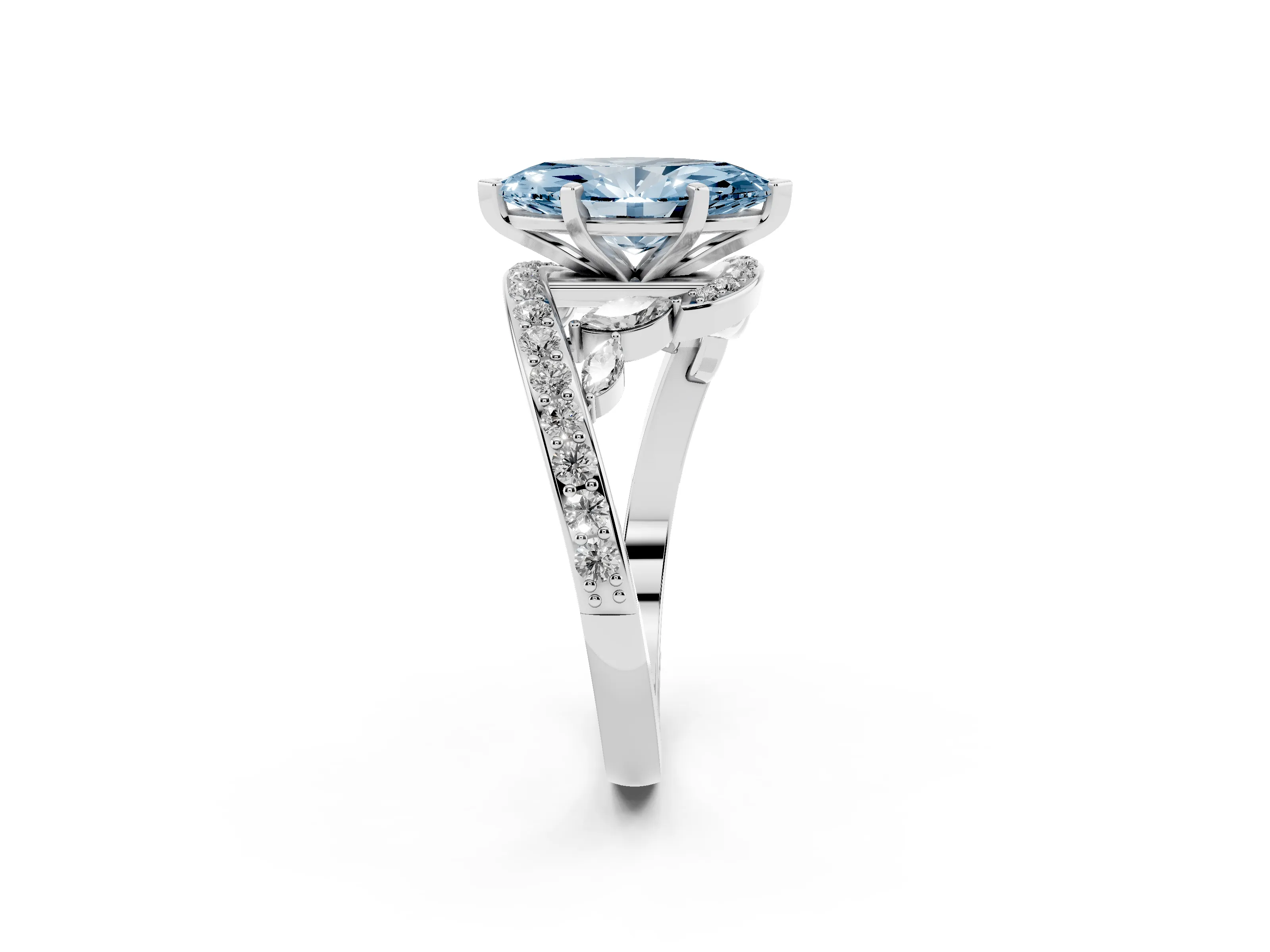 Fancy Blue Marquise Cut Diamond Solitaire Ring Set in White gold with Pavé Twist Band and Secure Prong Setting