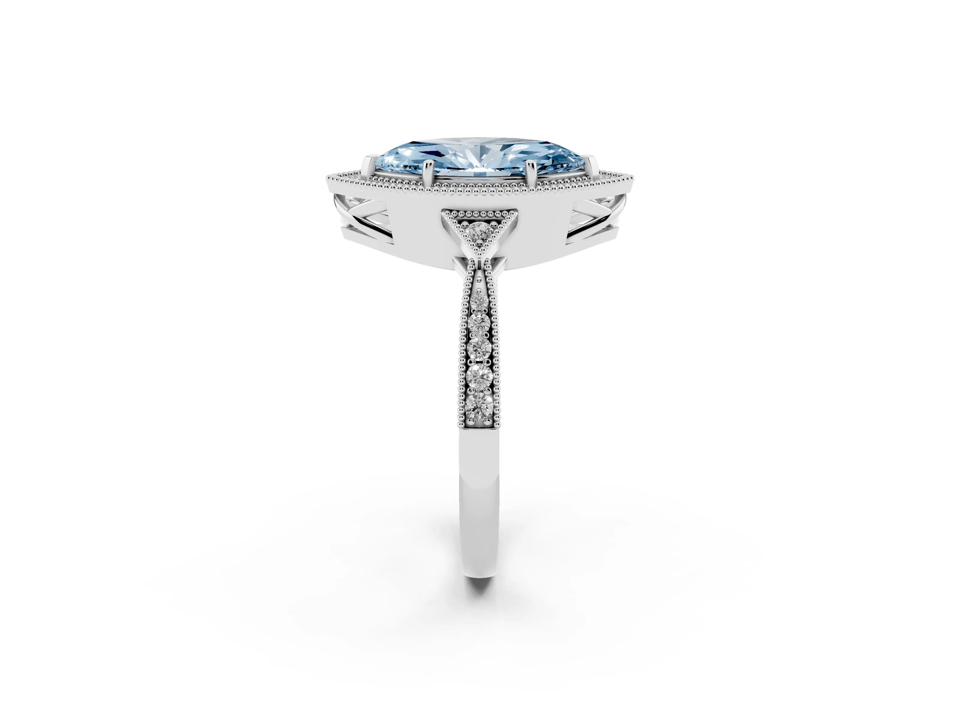 Fancy Blue Marquise Cut Diamond Halo Engagement Ring Set in Platinum with Milgrain Pavé Band
