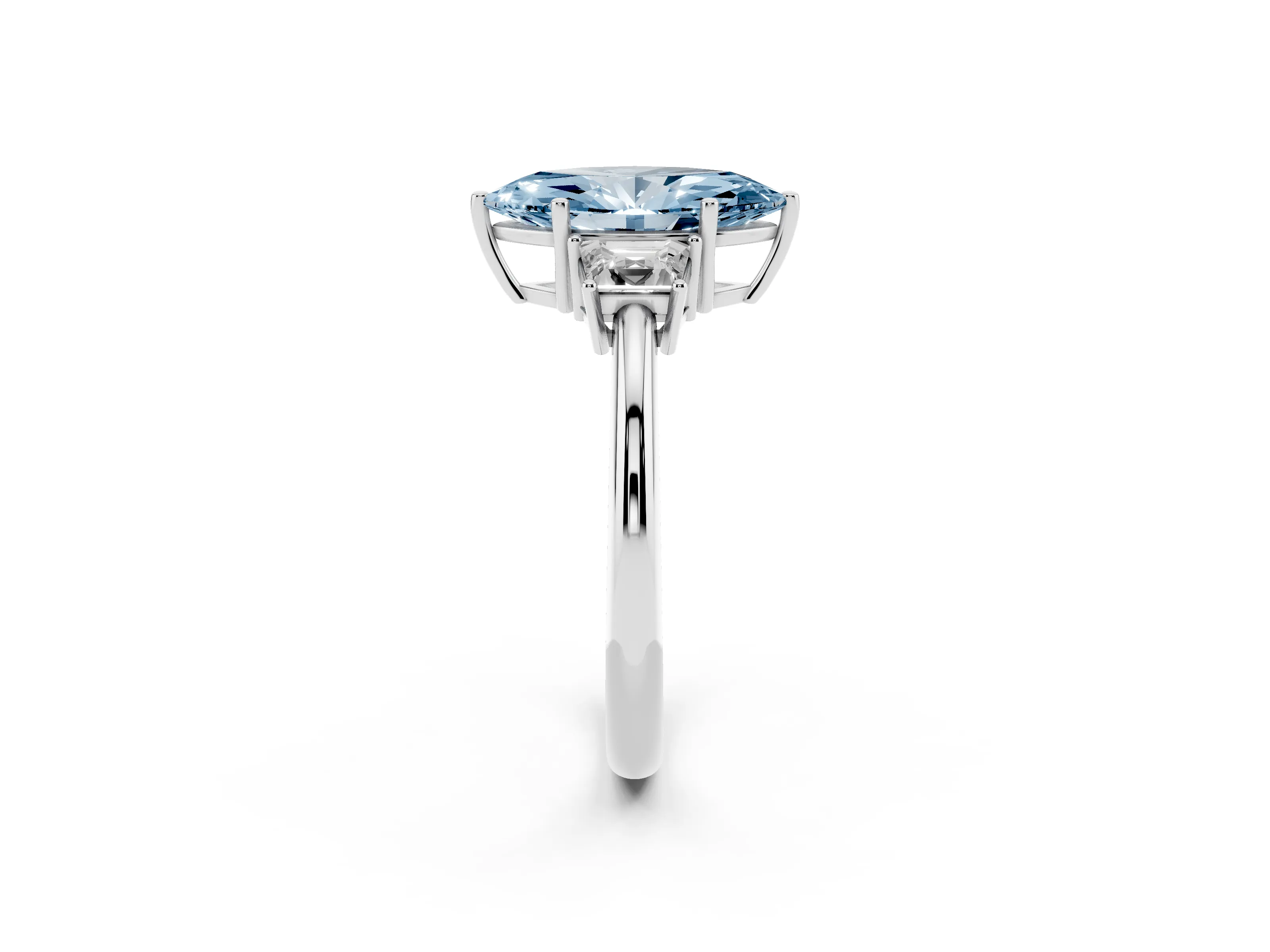 Fancy Blue Marquise Cut Diamond Three-Stone Ring Set in Silver with Trapezoid Side Stones and Prong Setting