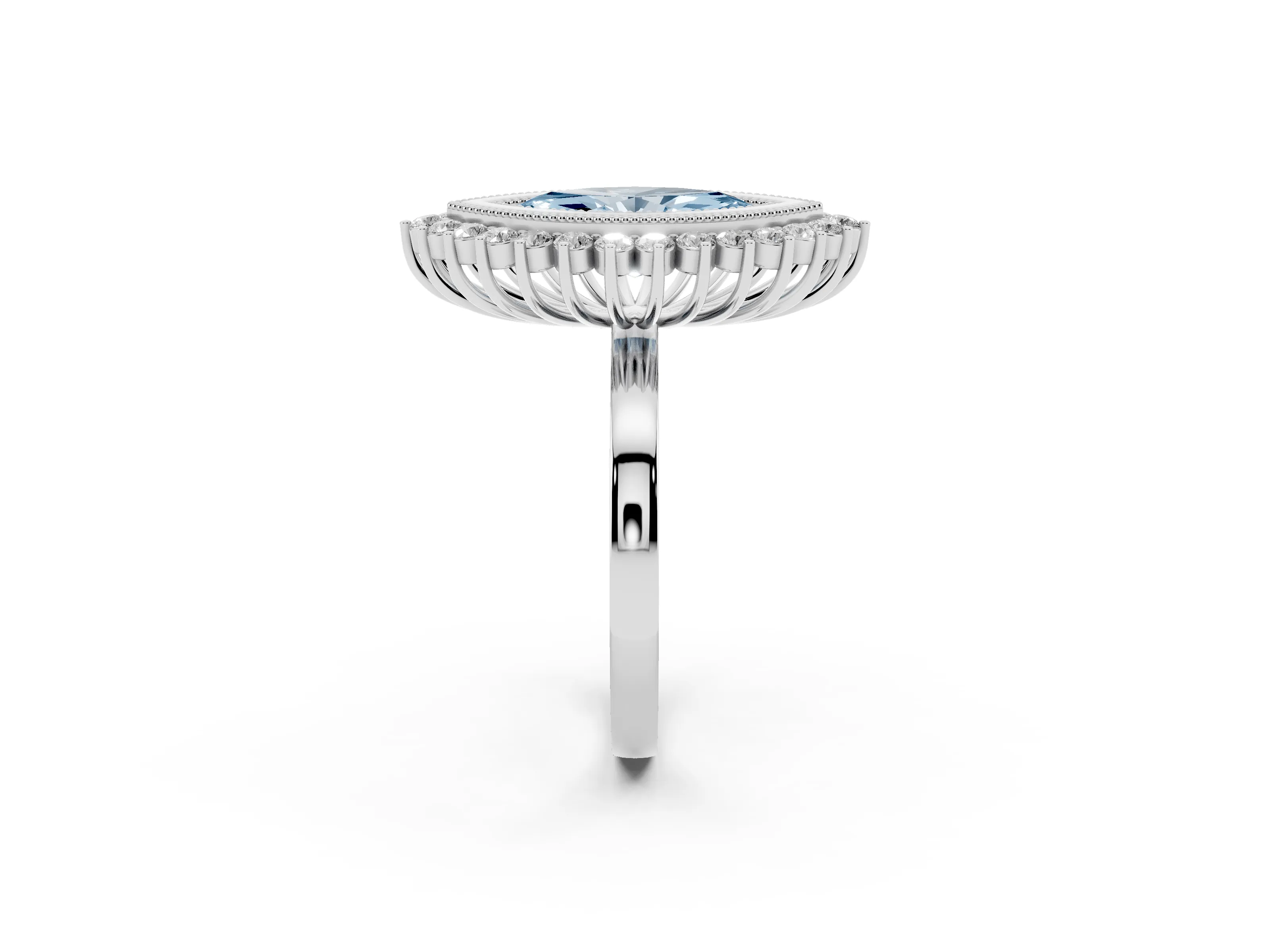 Fancy Blue Marquise Cut Diamond Halo Ring Set in Platinum with Milgrain Edge and Round Prong Setting
