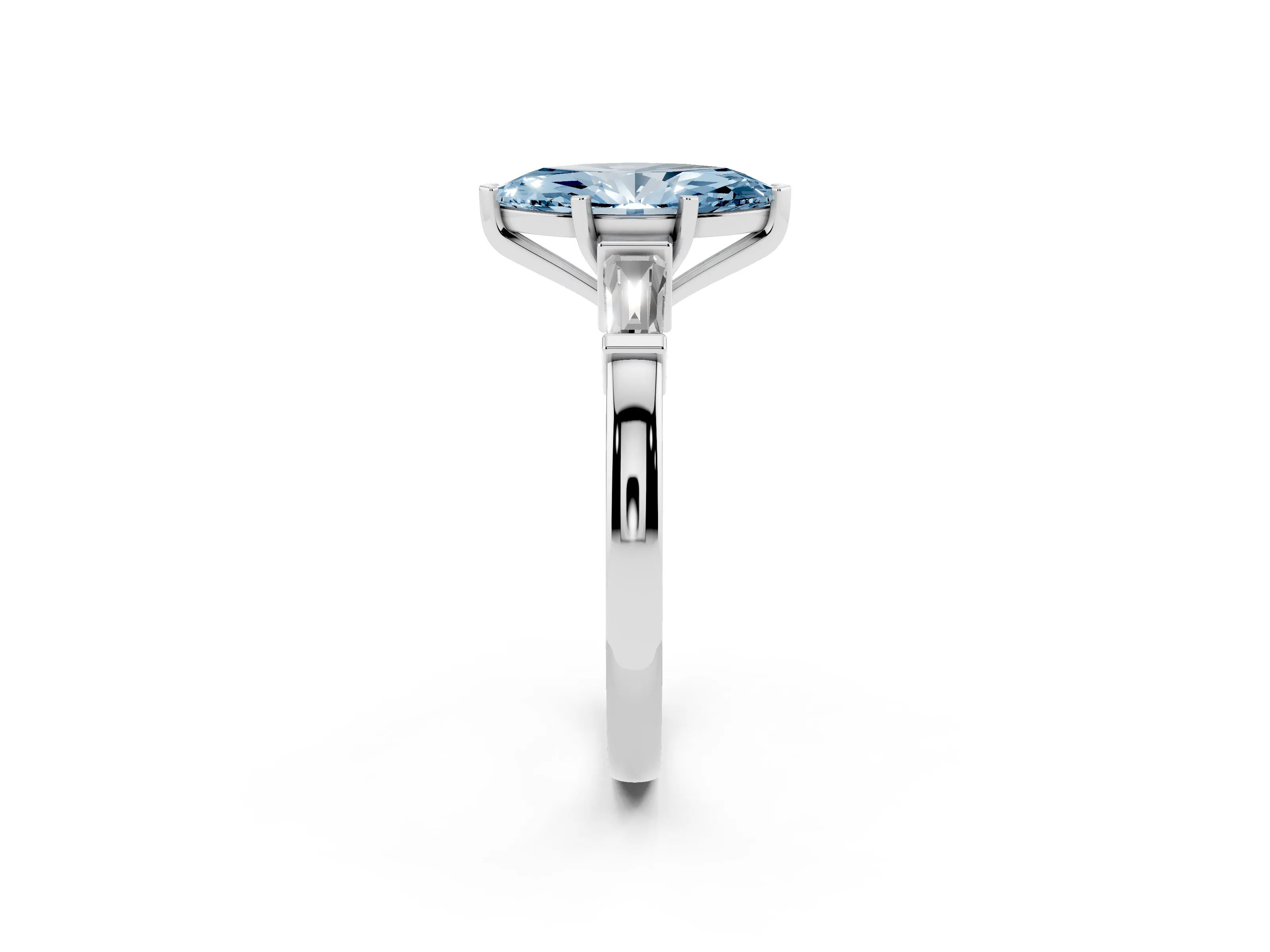 Fancy Blue Marquise Cut Diamond Solitaire Ring Set in White gold with Tapered Baguette Accents and Prong Setting