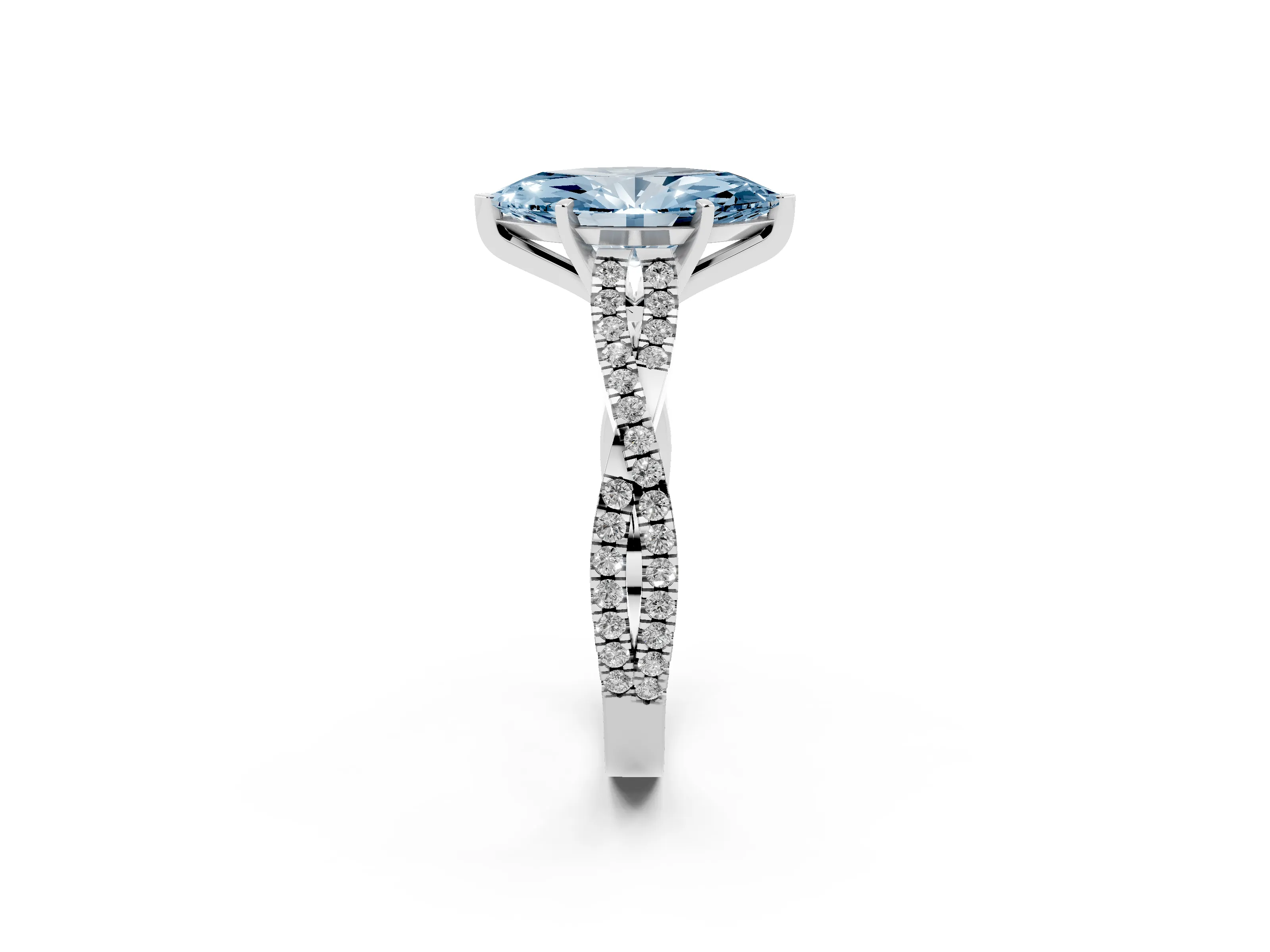Fancy Blue Marquise Cut Diamond Solitaire Engagement Ring Set in White gold with Twisted Pavé Band and Prong Setting